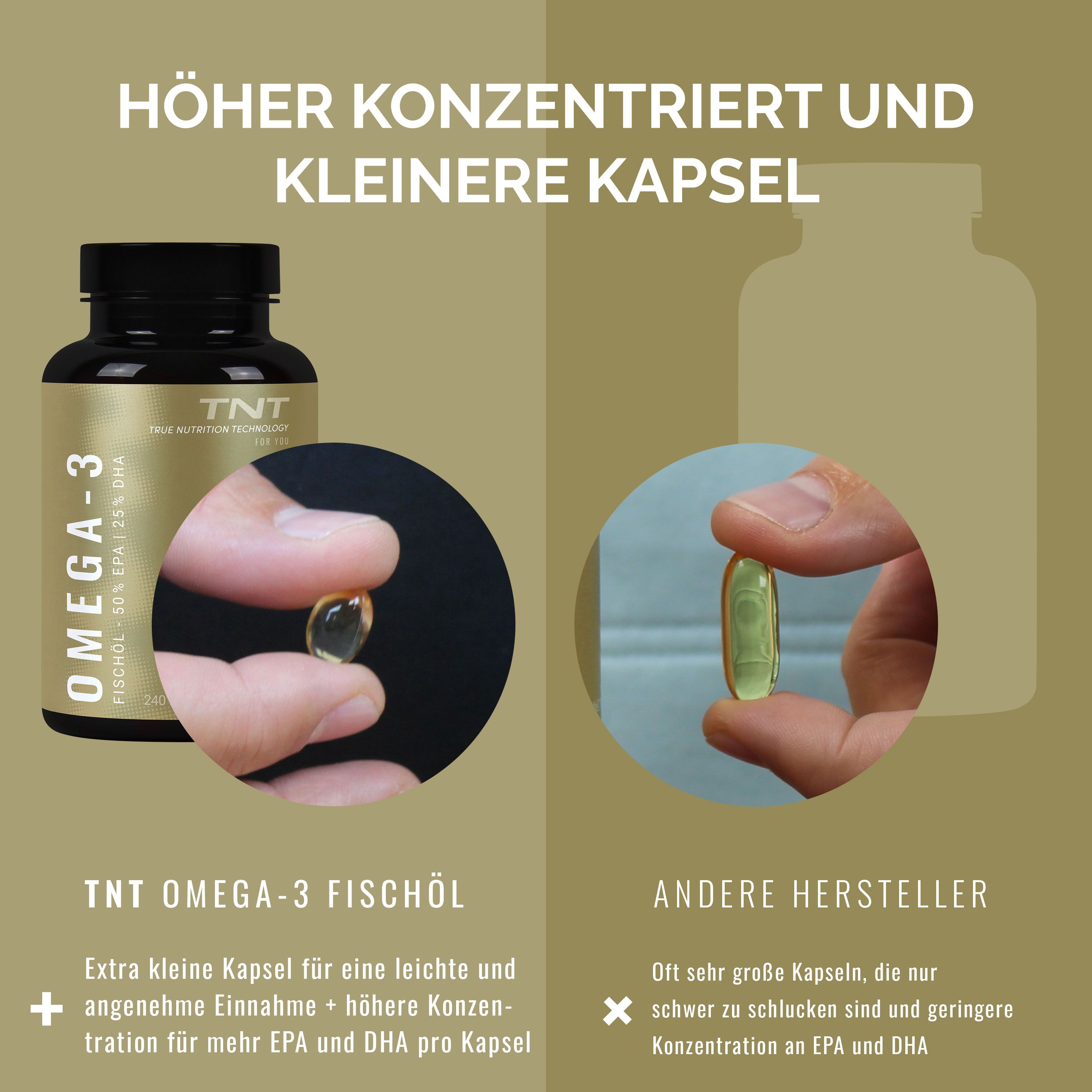 Vergleich von Omega-3 Kapseln: Kleine Kapsel von TNT, große Kapsel von anderen Herstellern.