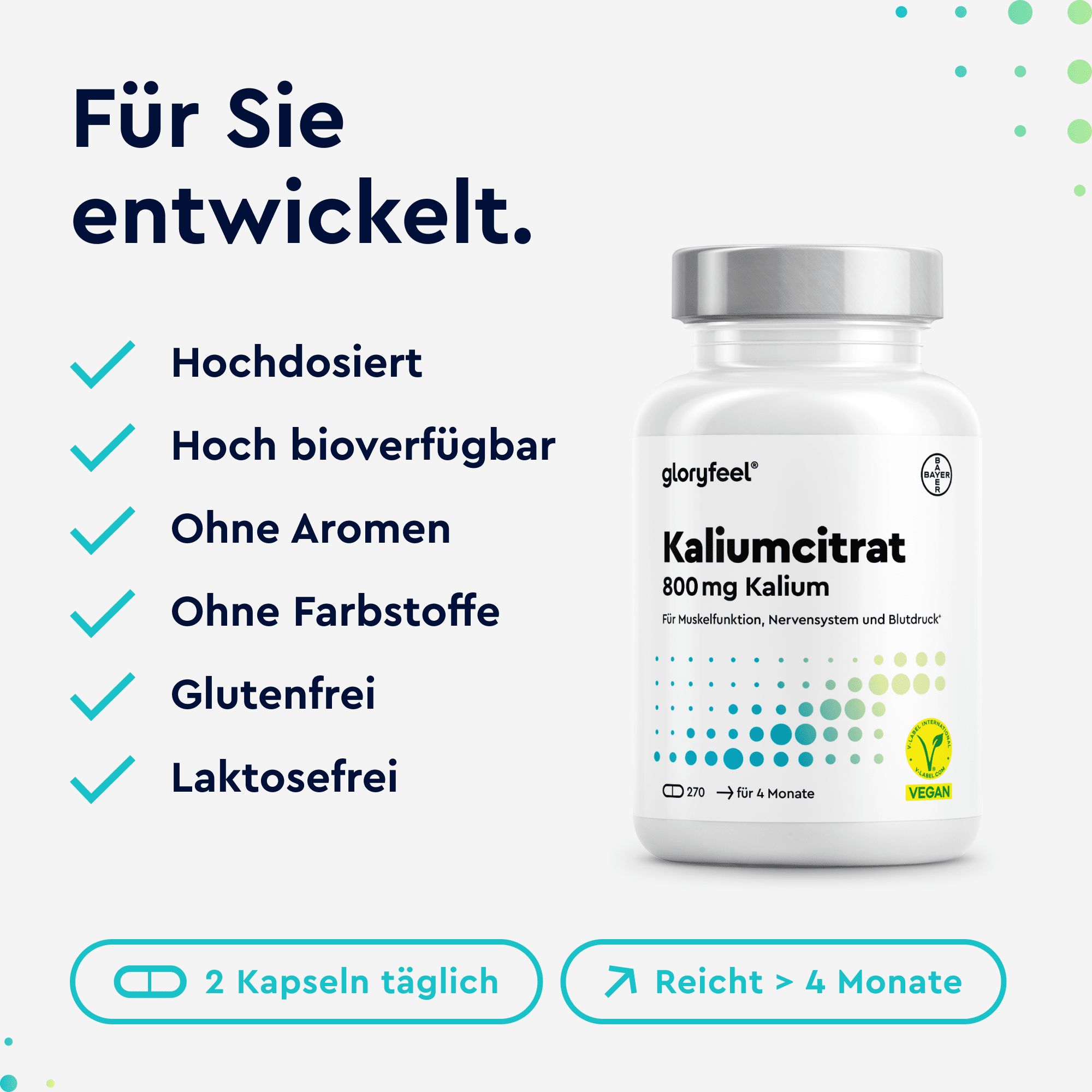 gloryfeel® Kalium - 270 Kapseln (+4 Monate) - 800mg elementares Kalium (Citrat) Hochdosiert