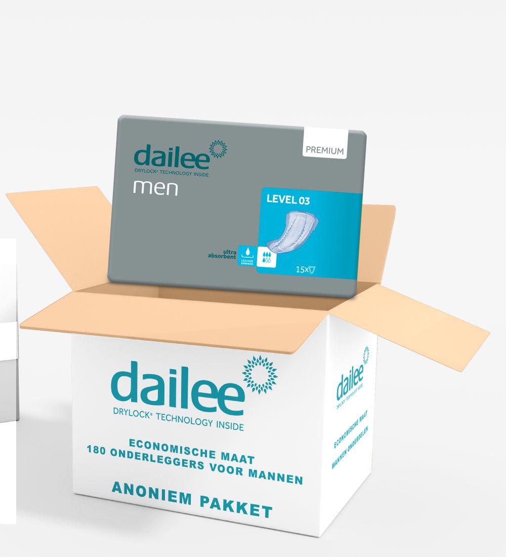 Doos met Dailee Men Level 3 verpakking. Opschrift: Dailee, Men, Level 03, 15x7.