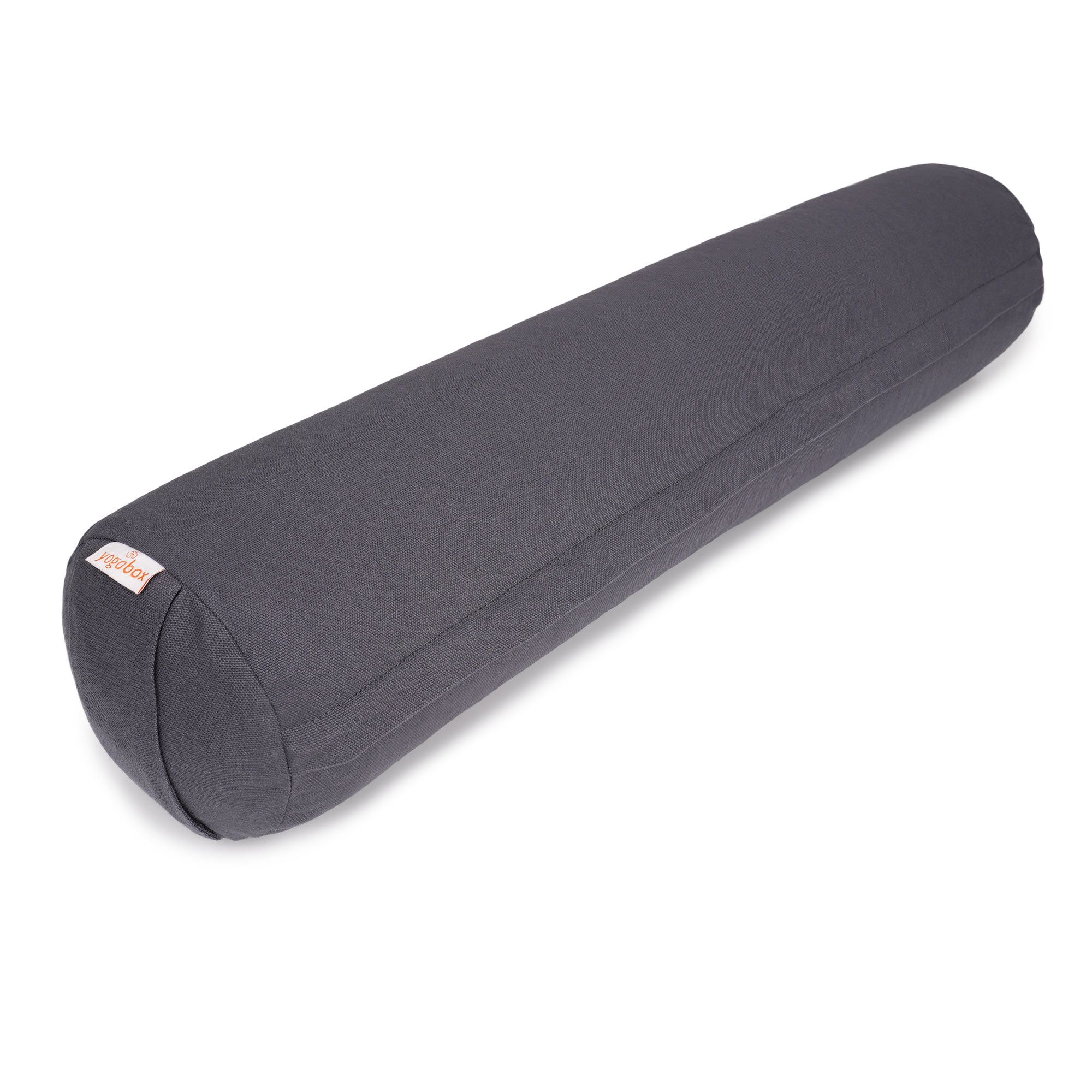 Grauer Yogabox Yoga & Pilates Bolster, rund, mit kleinem Etikett.
