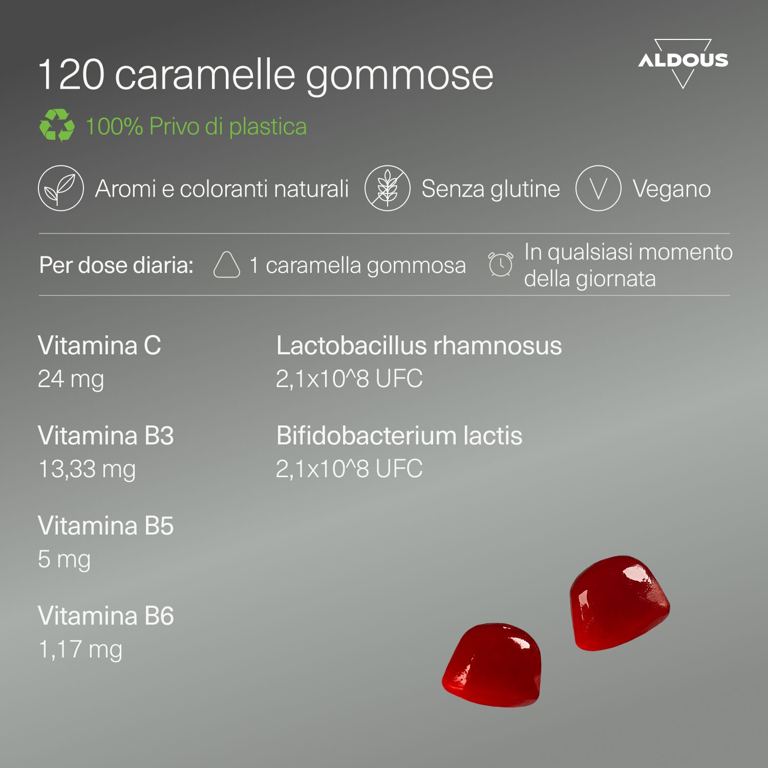 Aldous Probiotische Gummibonbons: 120 Stück, plastikfrei, natürliche Aromen, glutenfrei, vegan.