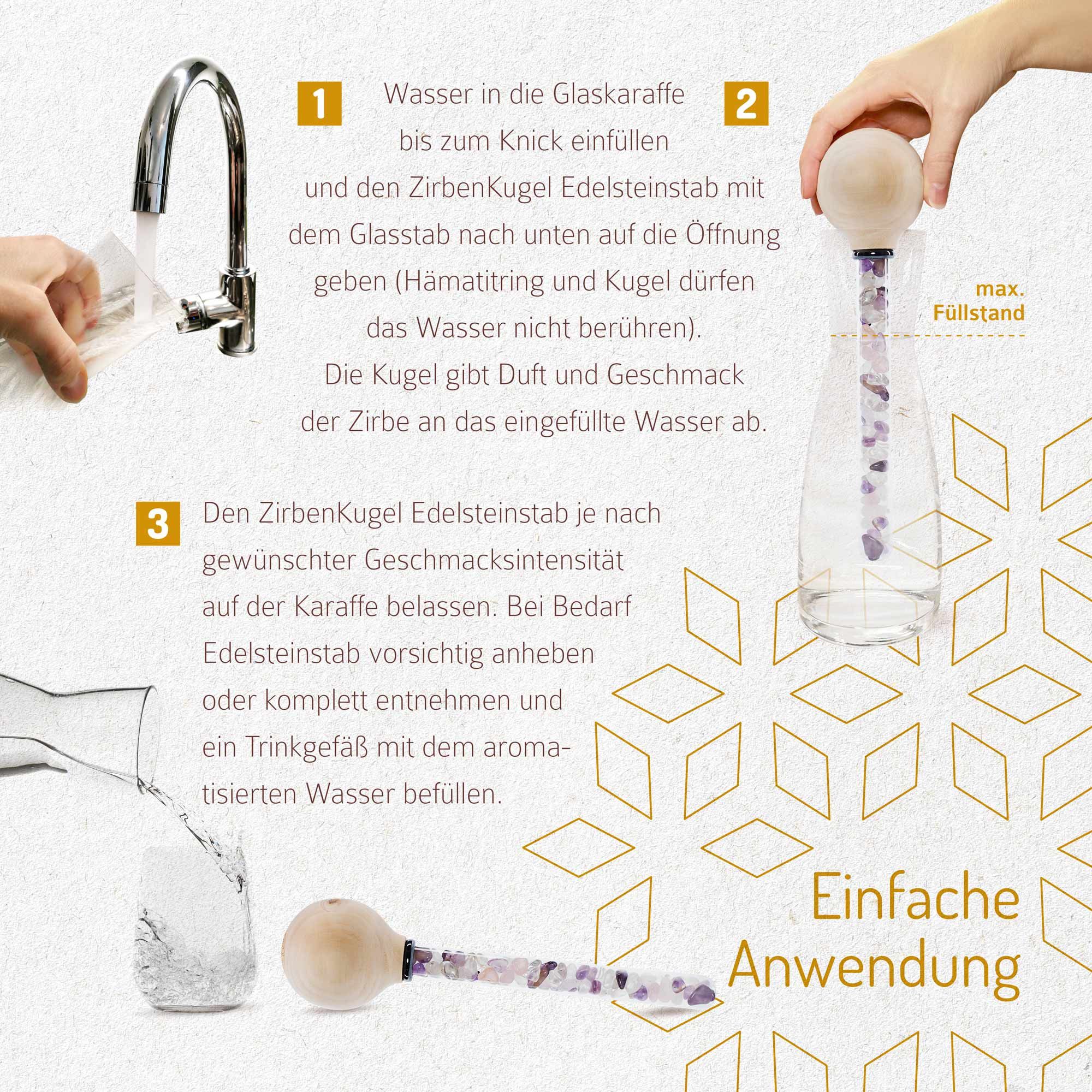 Anleitung zur Anwendung. Karaffe mit Stab, Wasserhahn, Hand. Text: Einfache Anwendung. ZirbenKugel Edelsteinstab.