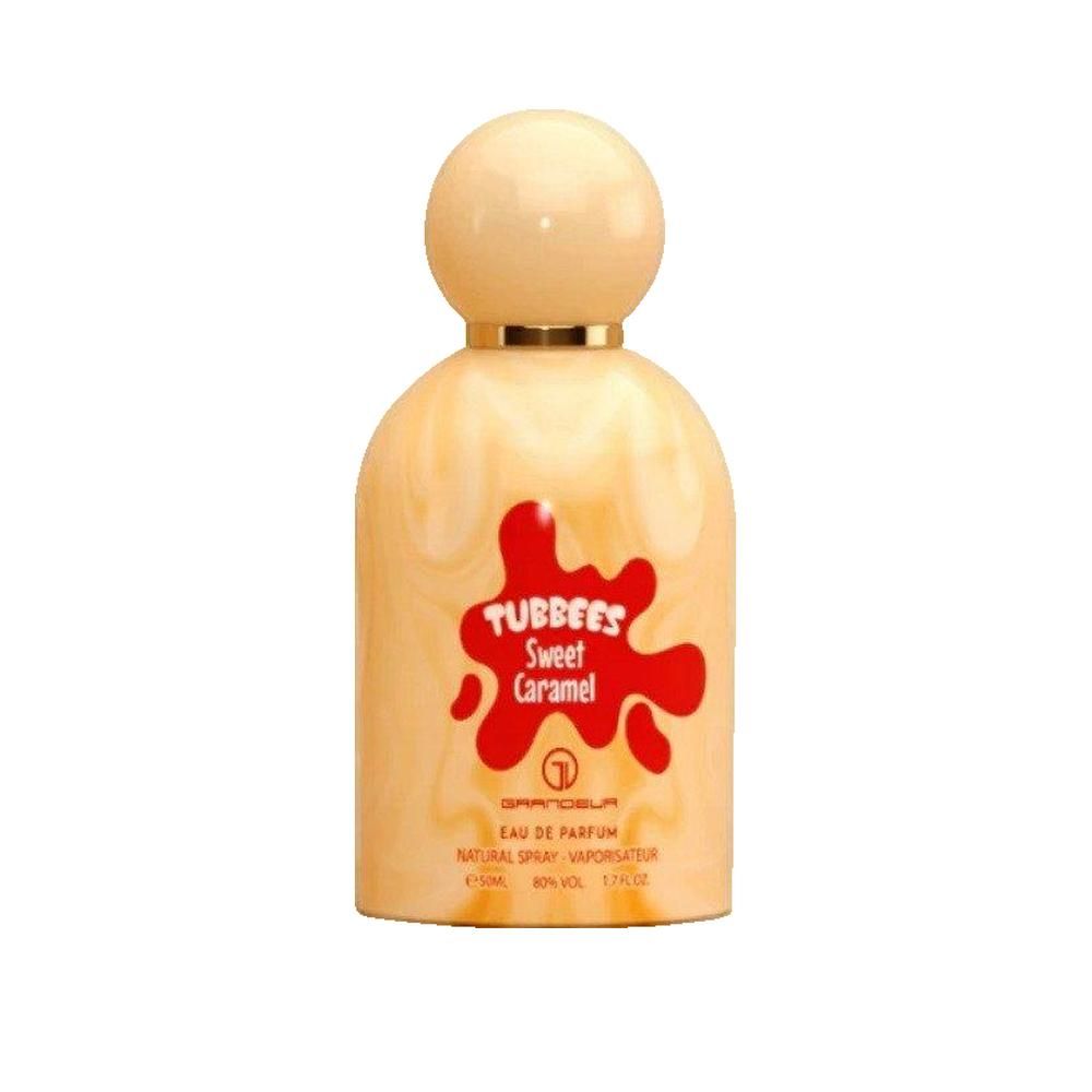 Parfumflasche mit beigem Deckel und Schriftzug. Aufschrift: TUBBEES Sweet Caramel. Flakon mit marmoriertem Muster.