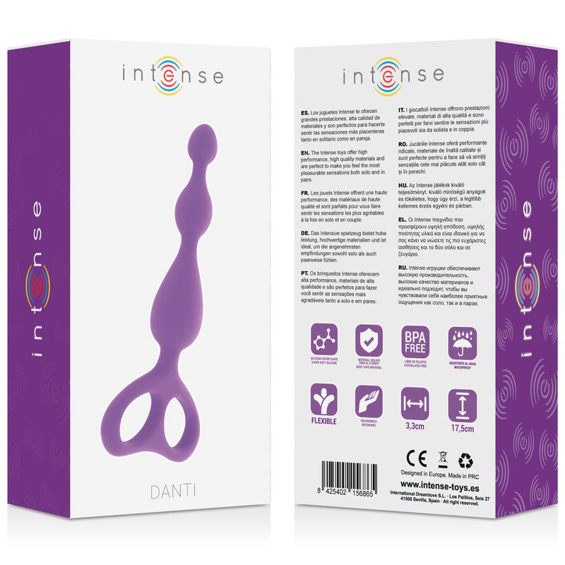 Produktverpackung mit lila Anal-Stimulator. Auf der Verpackung steht 'Intense' und 'Danti'.