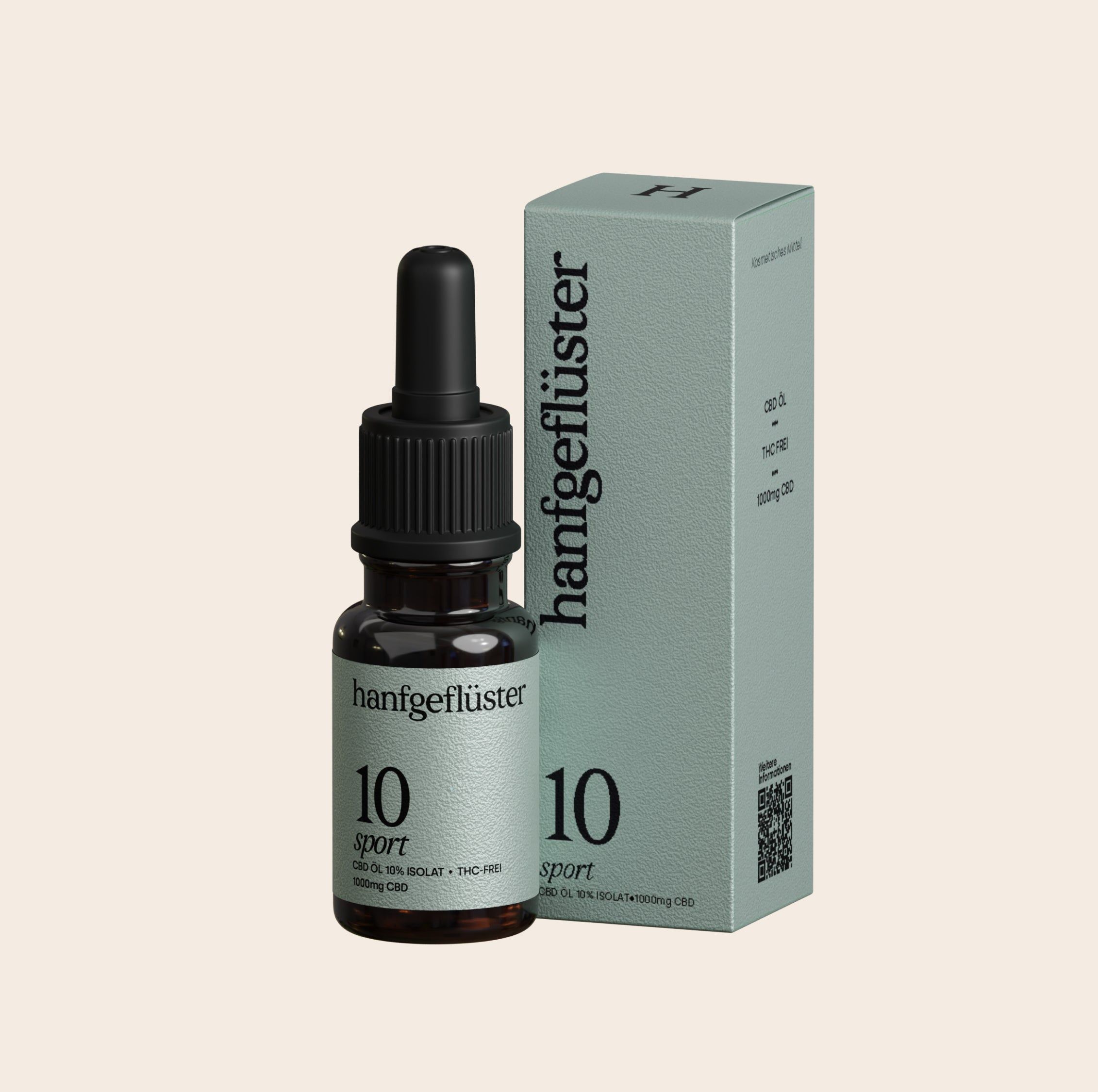 Braune Glasflasche und grüne Schachtel. Aufschrift: hanfgeflüster, 10 sport. THC-frei. 10ml.