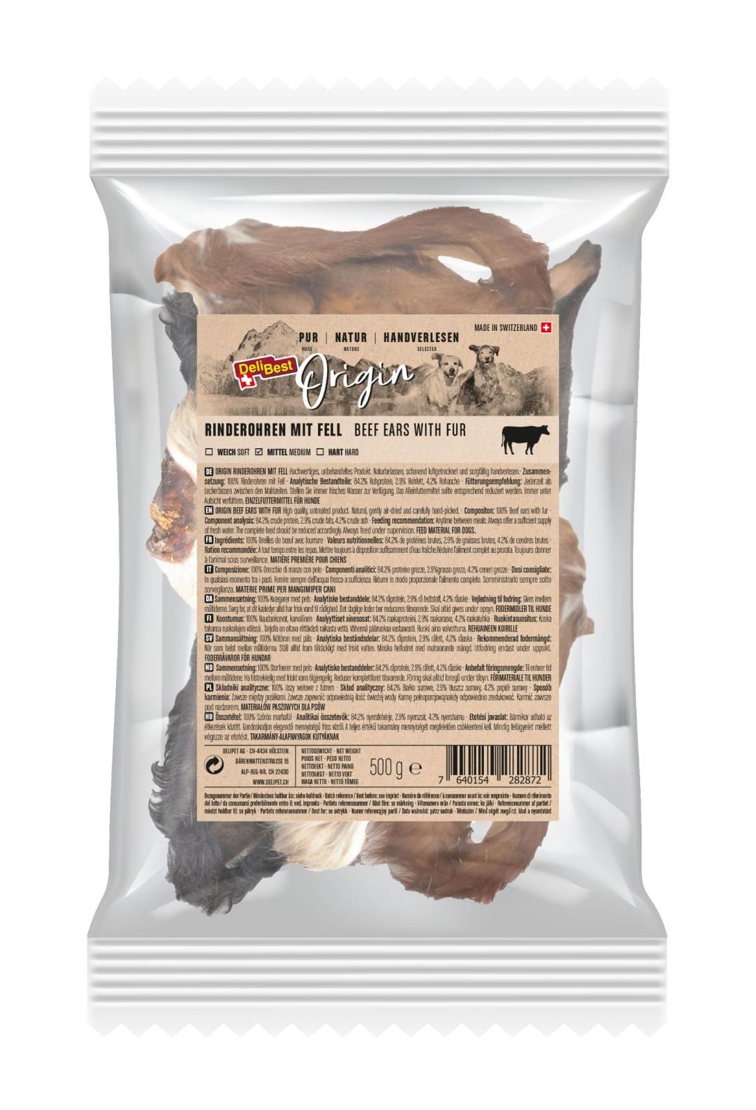 DeliBest Origin Rinderohren mit Fell (ehem Swiss Barf) 500 g Futter