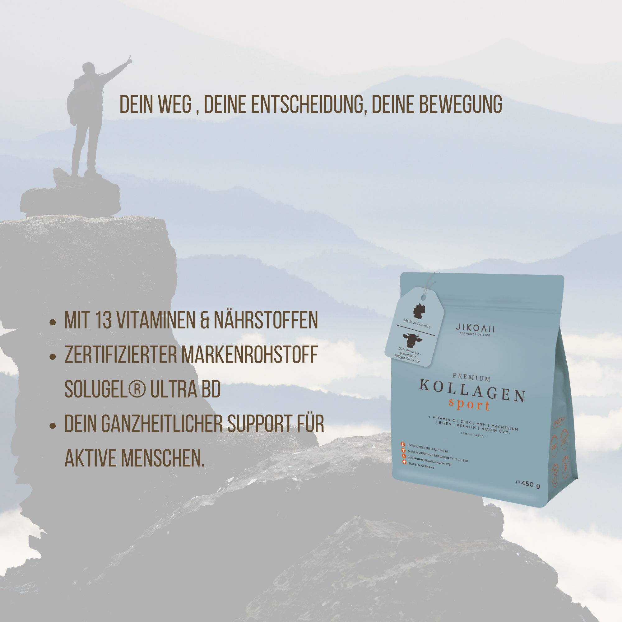 Blau-graue Tüte JIKOAII Premium Kollagen Sport. Auf Bergspitze stehende Person. Enthält 13 Vitamine & Nährstoffe. Zertifizierter Markenrohstoff.
