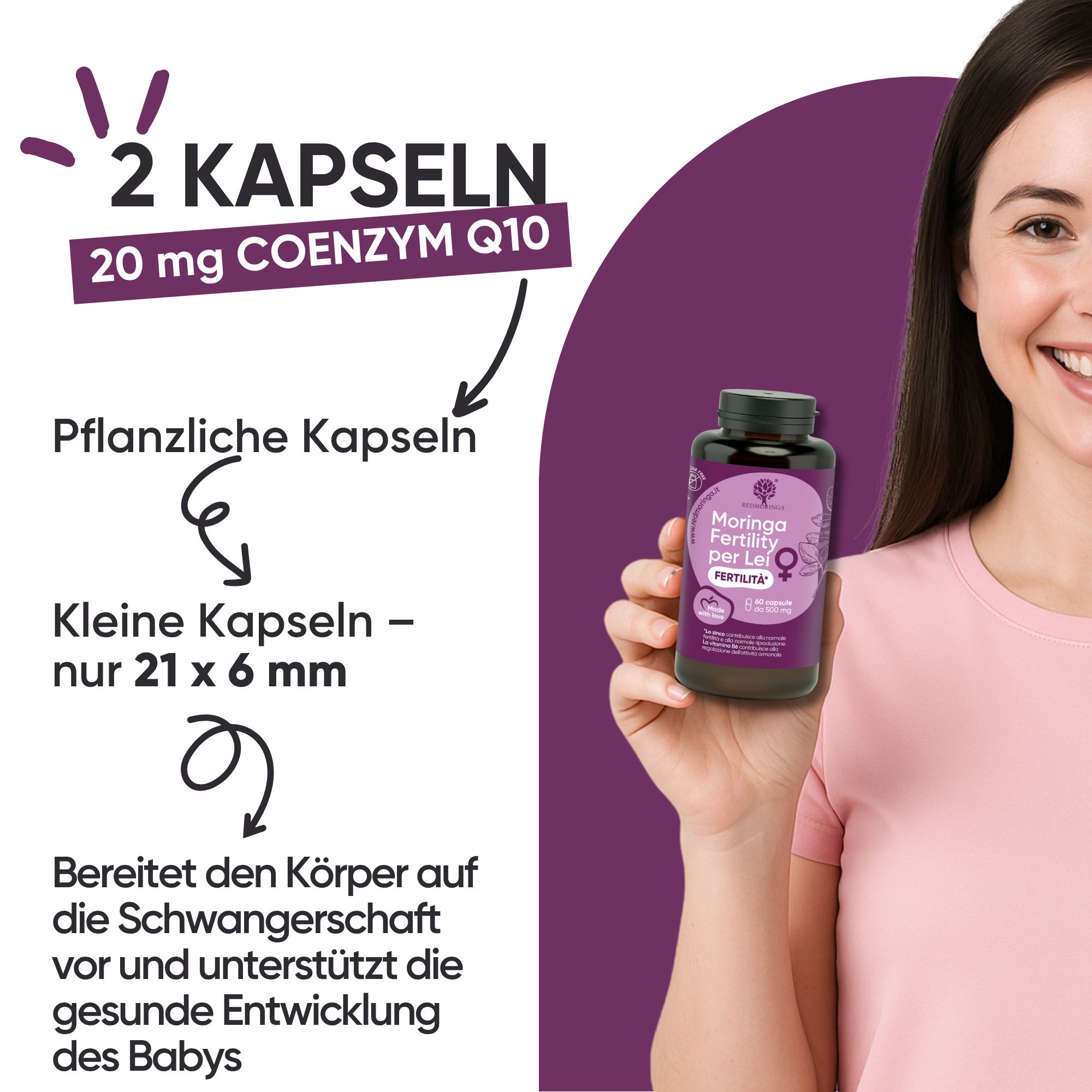 Frau hält eine Flasche "Moringa Fertility per Lei". Kleine Kapseln, 20 mg Coenzym Q10.