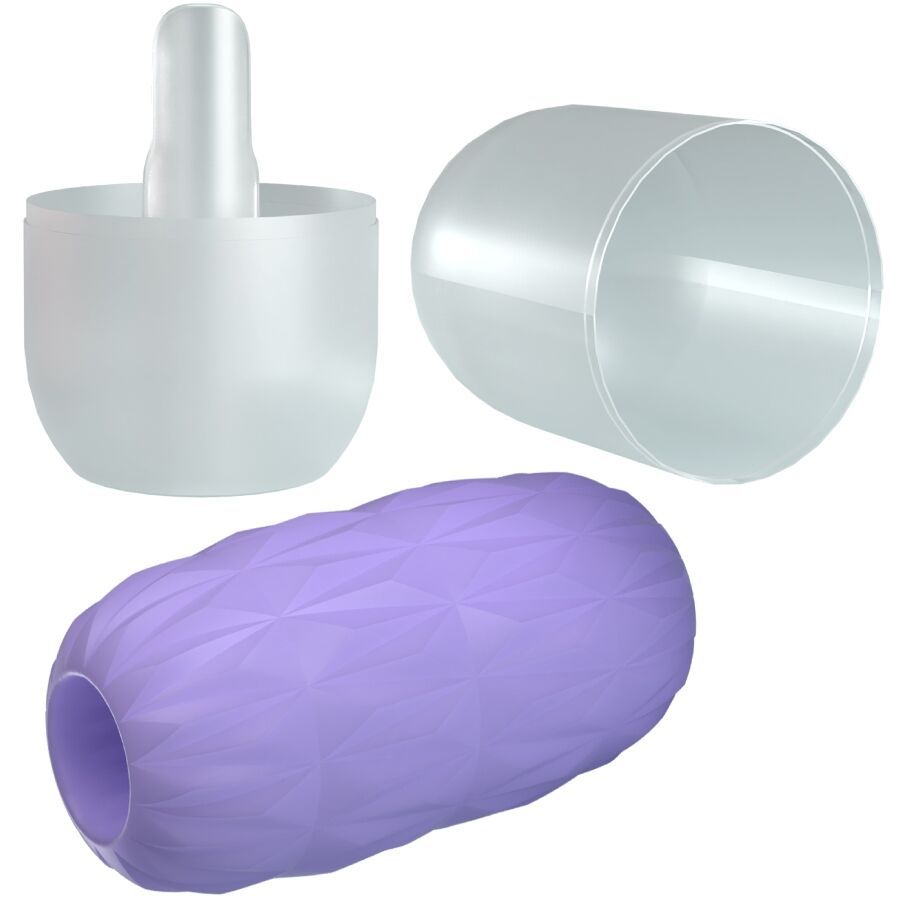 Masturbator in Einzelteilen: Außenhülle, Innenhülle und Einsatz. Transparente und violette Teile.