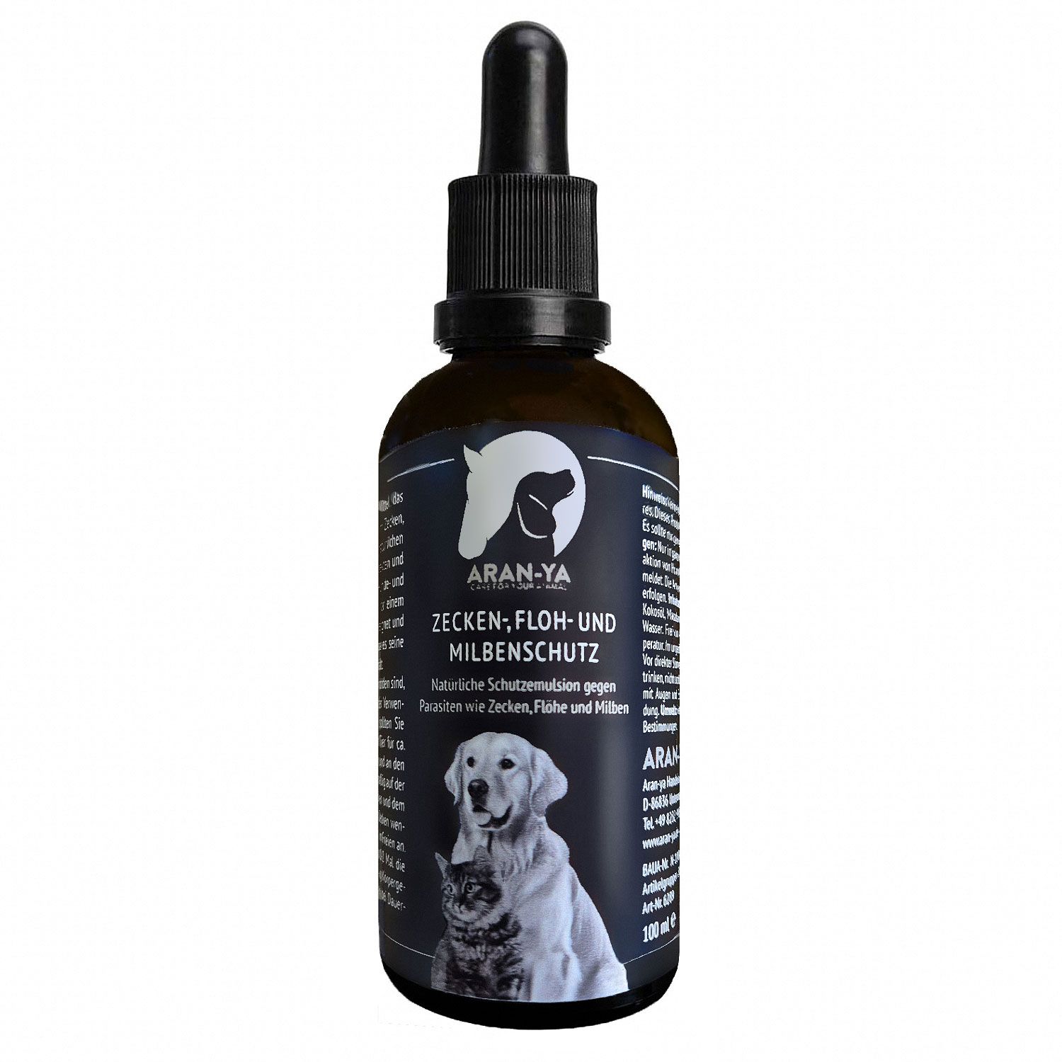 Braune Flasche mit Pipette. Aufschrift: Zecken-, Floh- und Milbenschutz. Logo mit Hund und Katze. Text in deutscher Sprache.