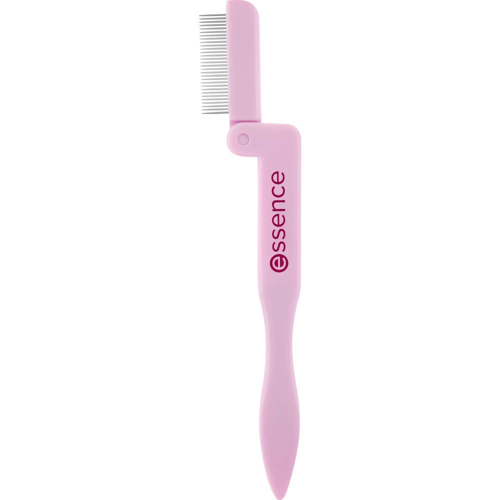 Rosa Wimpernkamm. Marke: Essence. Der Kamm ist ausgeklappt. Griff und Kamm sind rosa.