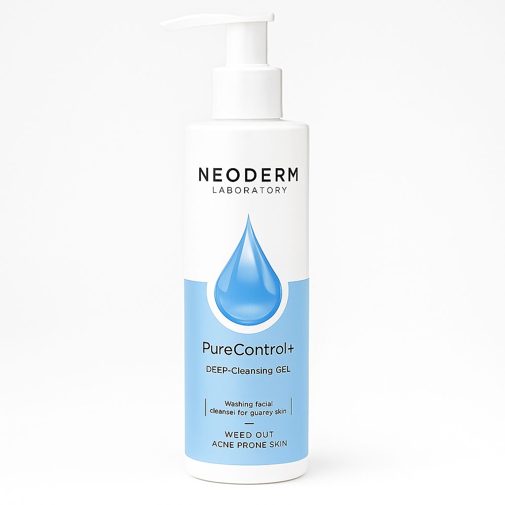 Weiße Flasche mit Pumpverschluss. Aufschrift: NEODERM, PureControl+, Deep-Cleansing GEL. Blaue Tropfen-Grafik. Text: Akne-anfällige Haut.