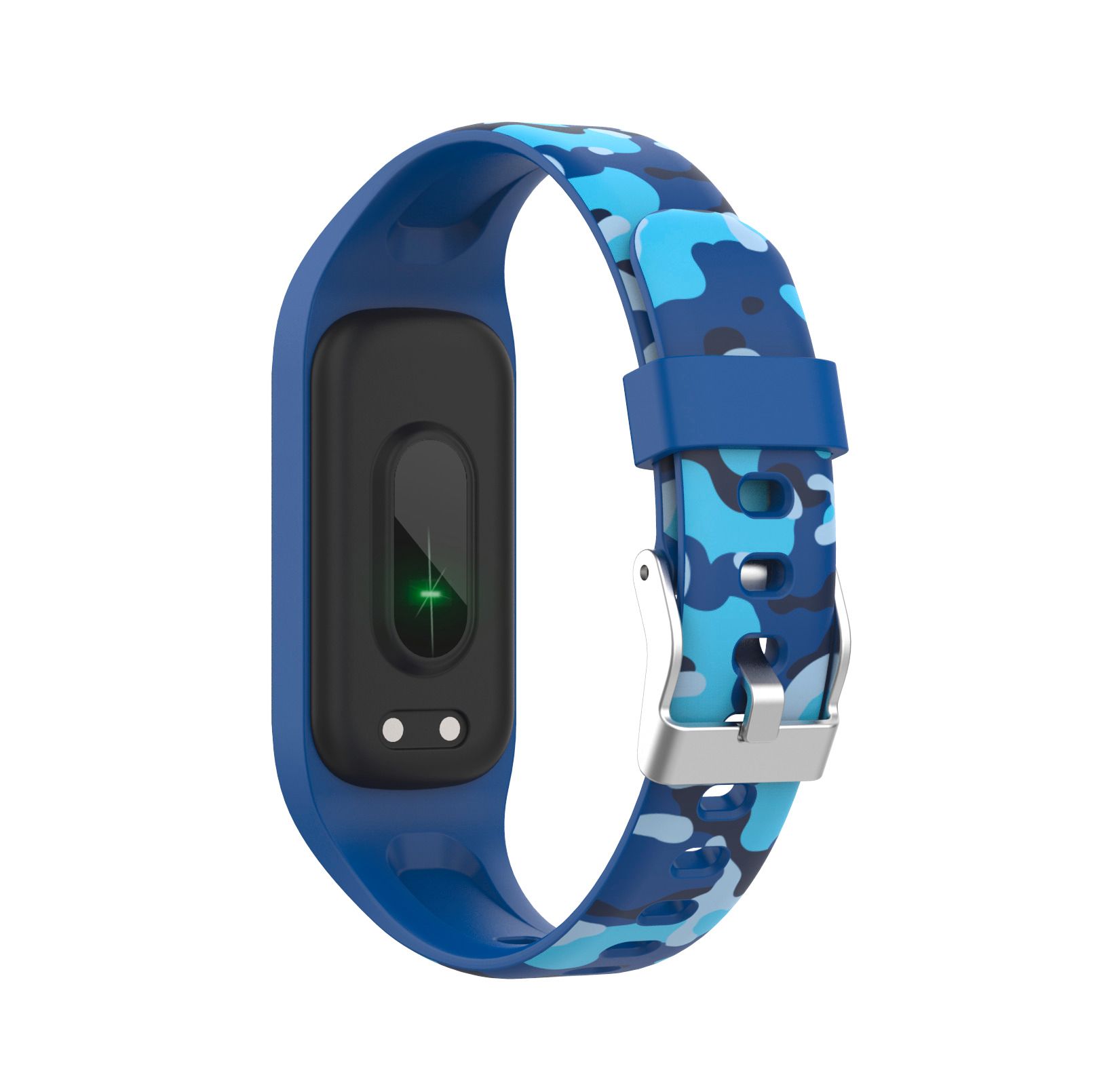 Rückseite eines blauen Fitnessbands. Camouflage-Muster. Schwarzer Bereich mit grünem Licht und zwei Punkten. Metallverschluss.