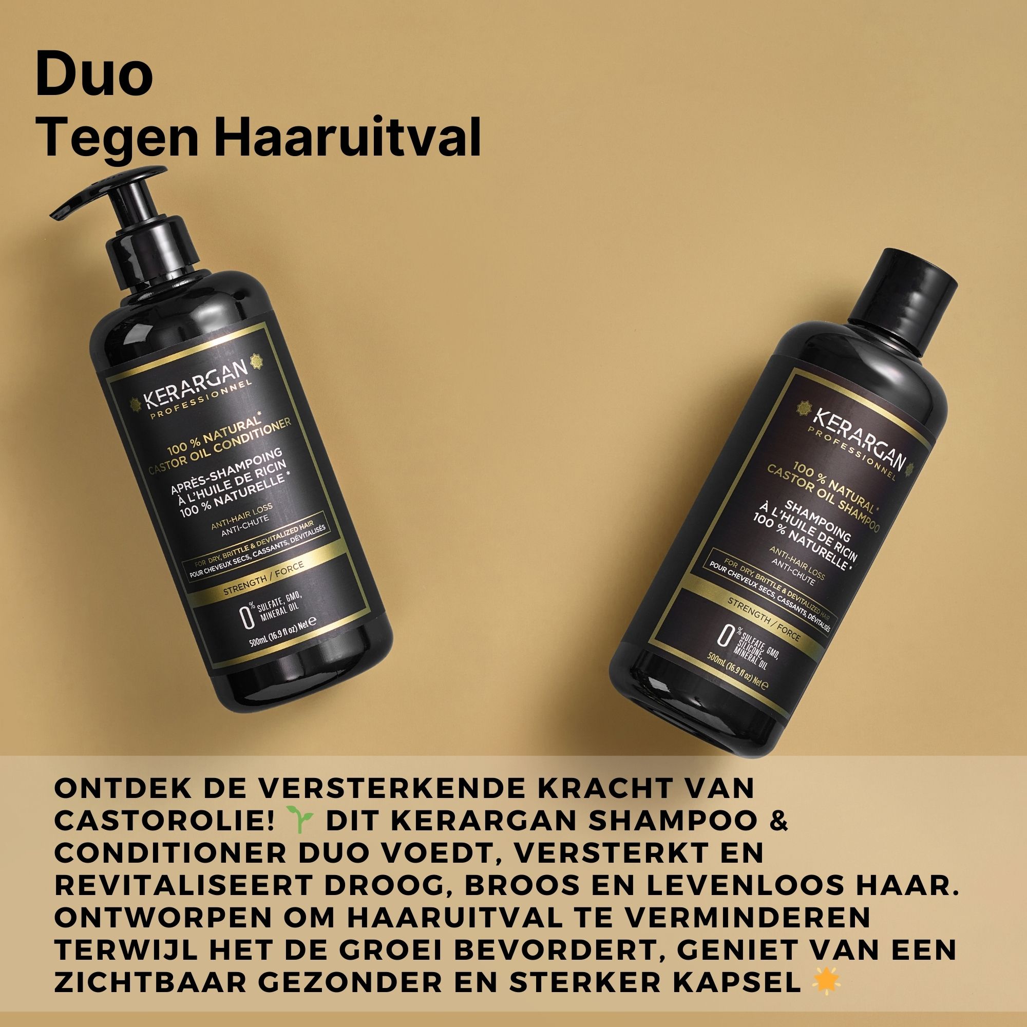 Twee zwarte flessen. Opschrift: Kerargan Professional. Duo Tegen Haaruitval. Op lichte achtergrond.