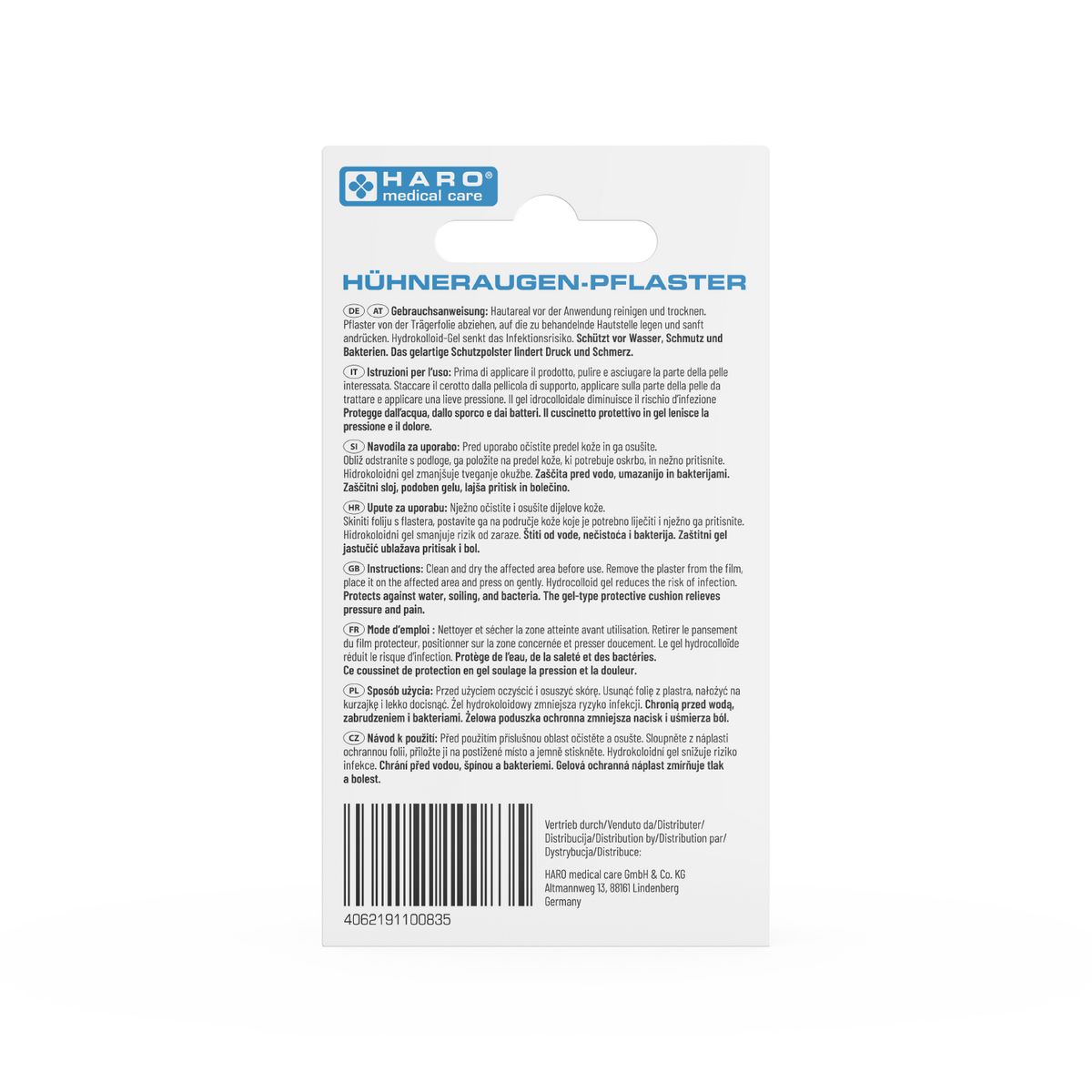 Rückseite der Verpackung von Haro Hühneraugenpflaster. Text in mehreren Sprachen. Barcode unten. Logo: Haro medical care.