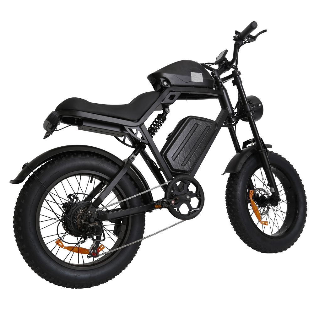 Schwarzes Elektro-Dirtbike mit breiten Reifen. Seitenansicht, zeigt Sitz, Akku und Antrieb.