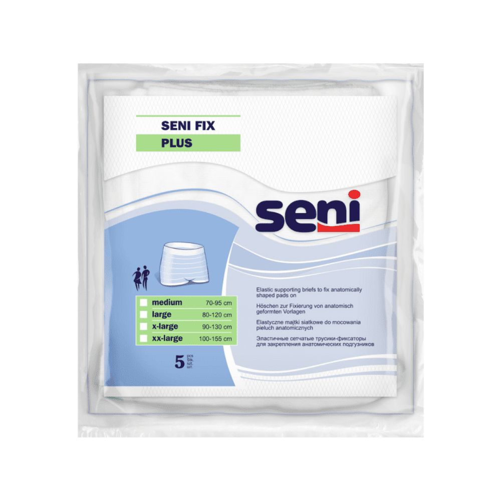 Verpackung mit Seni Fix Plus. Weiße Unterwäsche-Fixierhosen. Größen: medium, large, x-large, xx-large. Packung mit 5 Stück.