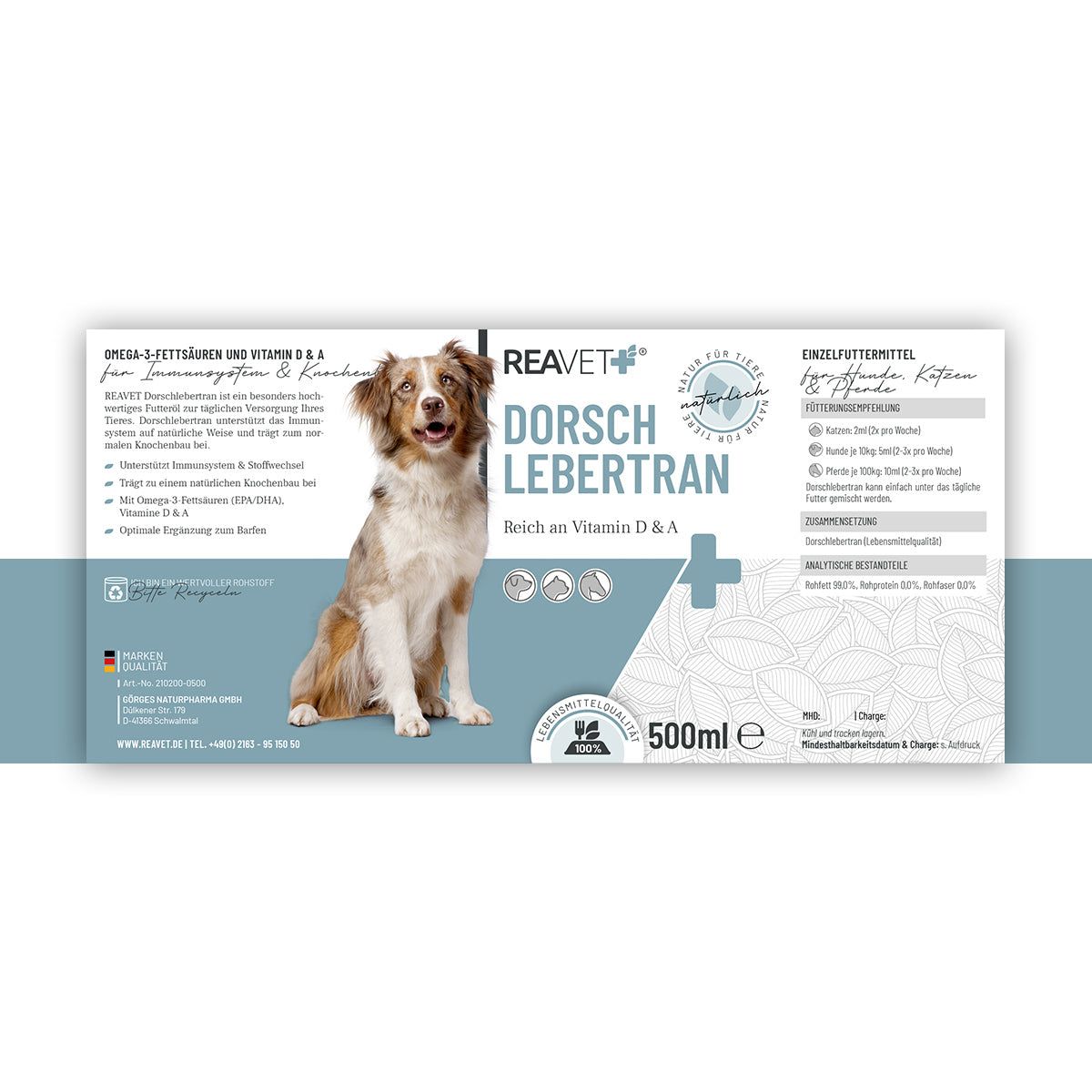 Produktverpackung mit Produktnamen, Hund und Informationen. 500ml-Angabe.