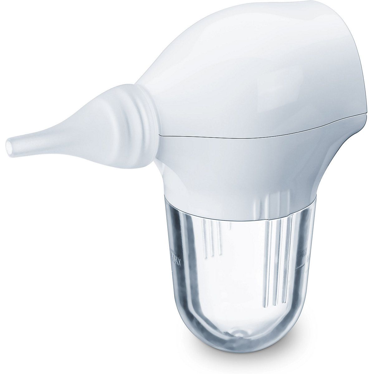 Weißer Nasensauger mit transparentem Behälter. Spitze und Gehäuse aus Kunststoff.