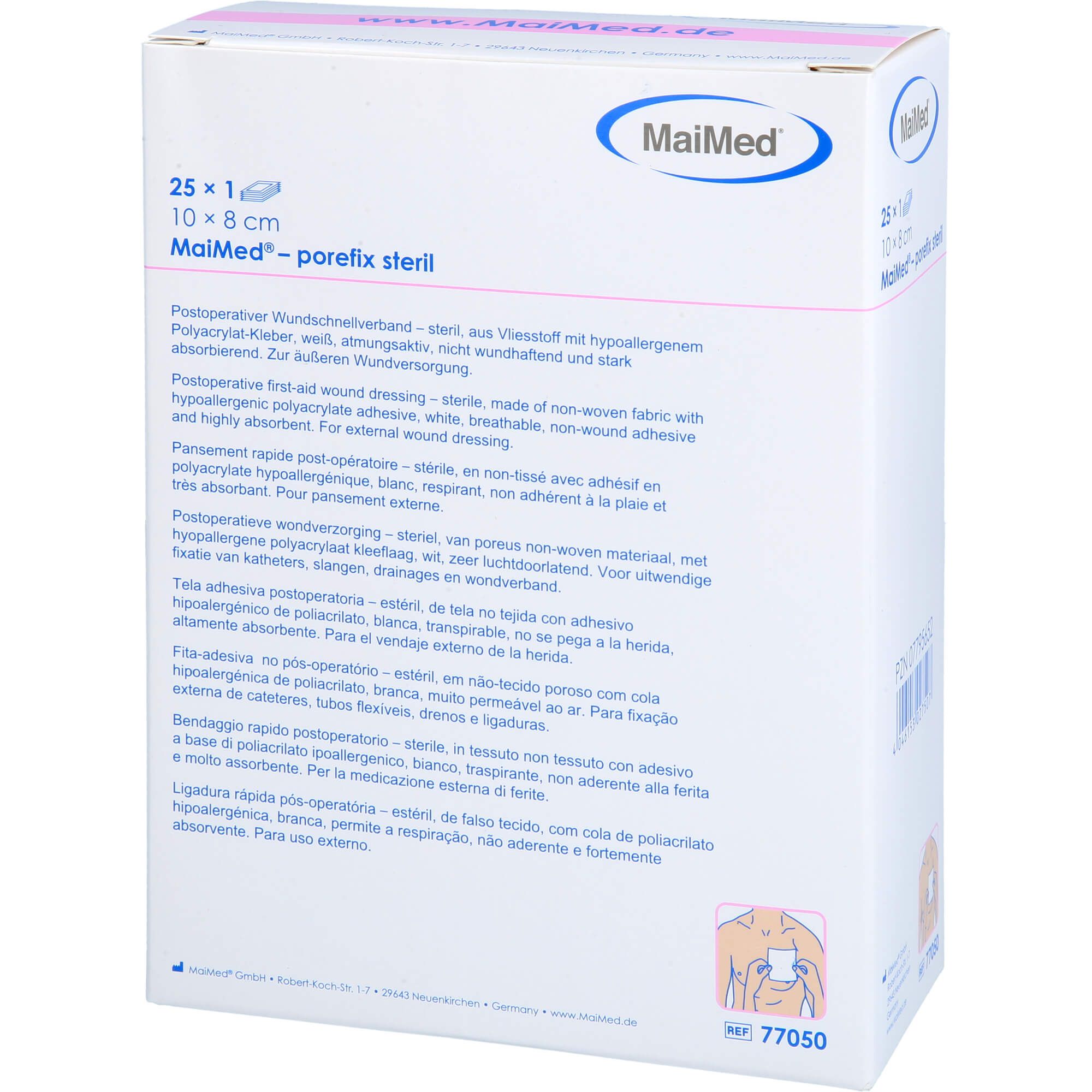 MaiMed porefix steril Packung. 10 x 8 cm. Weiße Verpackung mit Produktinformationen und Text in mehreren Sprachen.