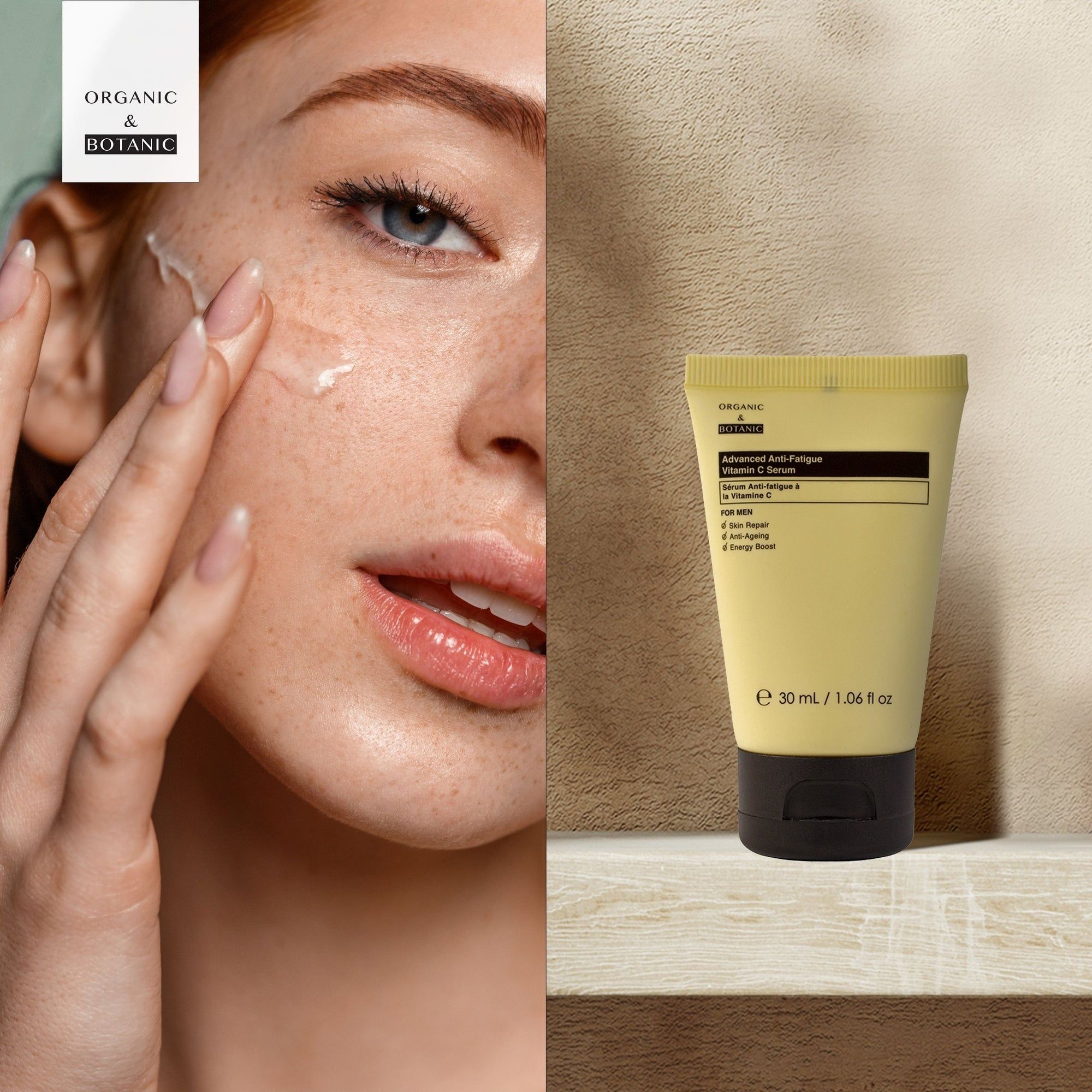 Gesicht einer Frau und gelbe Tube. Beschriftung: Advanced Anti-Fatigue Vitamin C Serum. Marke: Organic & Botanic.