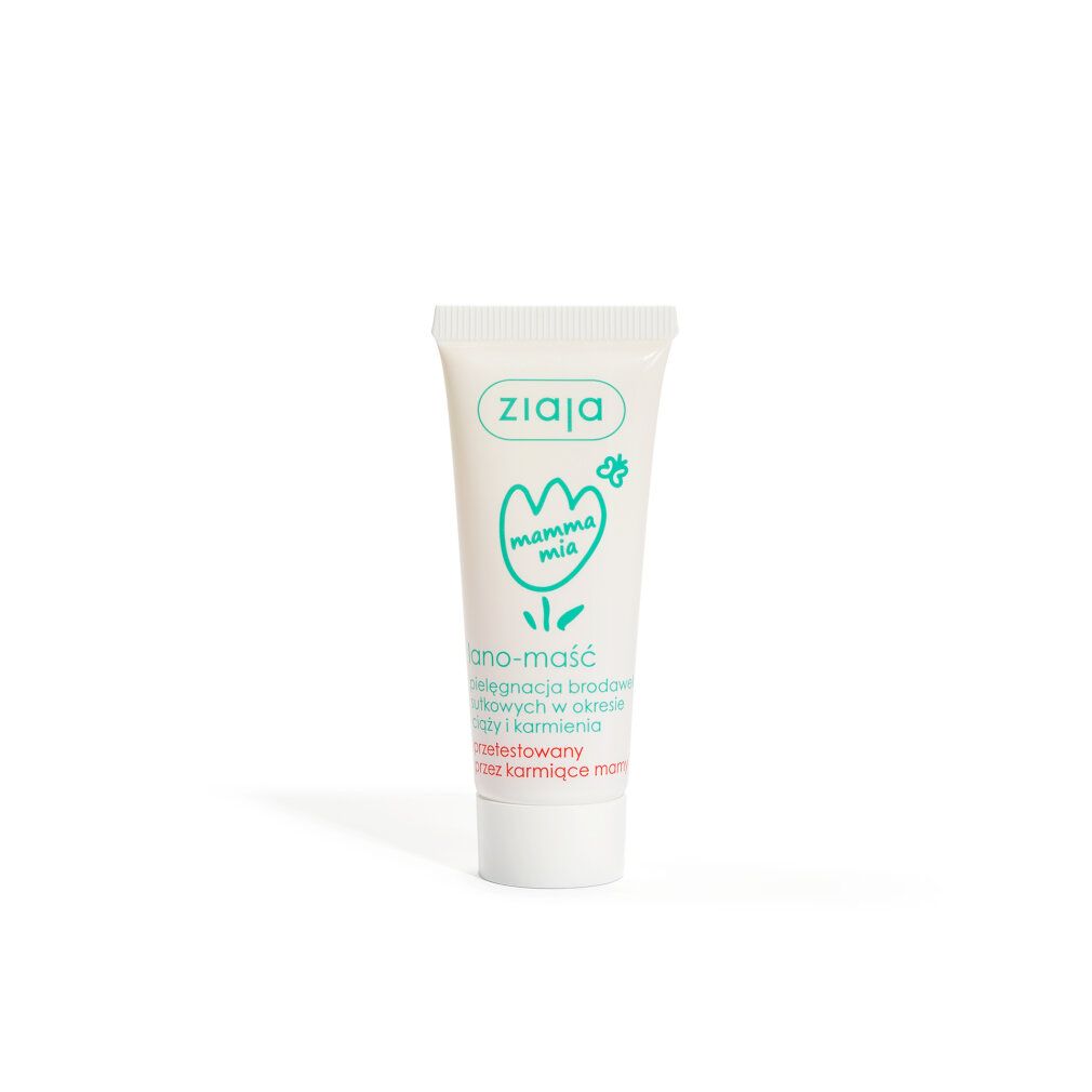 Creme-Tube mit Aufschrift "ziaja Mamma Mia". Türkisgrüne Schrift und Logo. Weißer Hintergrund.
