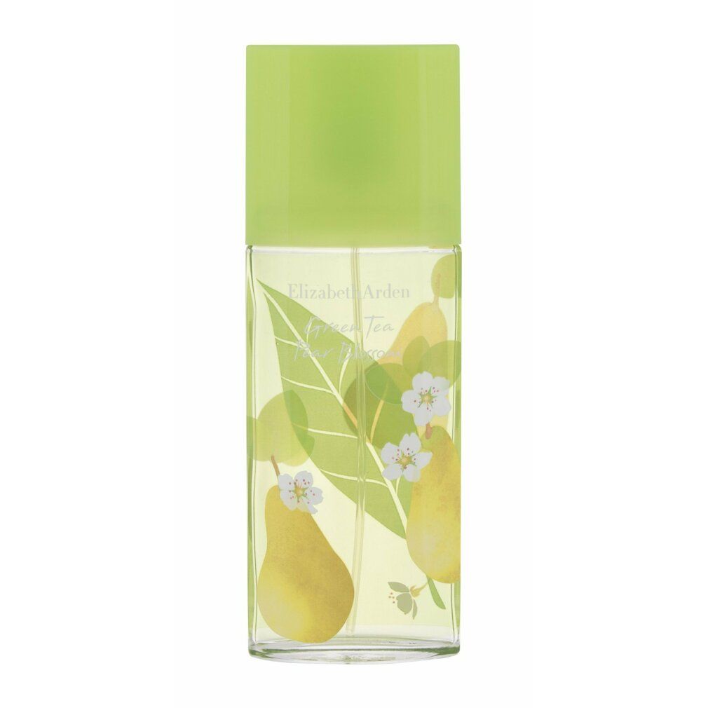 Rechteckiger Flakon mit floralem Design. Aufschrift: Elizabeth Arden Green Tea Pear Blossom. Grüne Kappe.