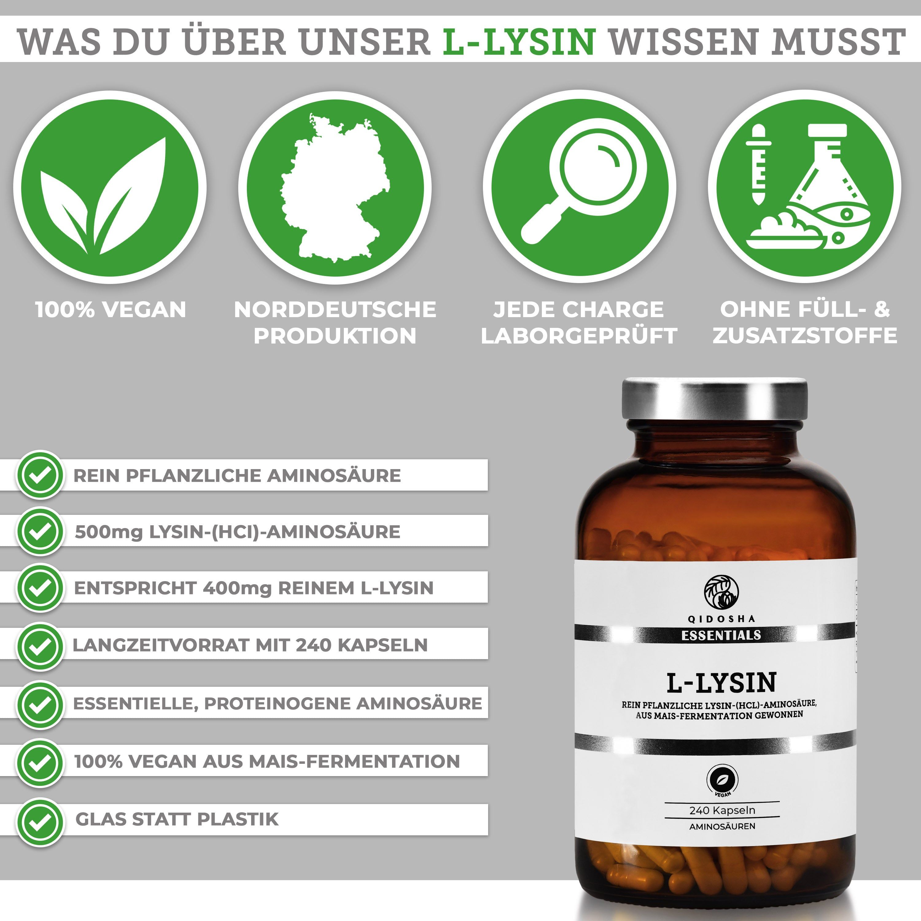 Braune Glasflasche mit L-Lysin Kapseln, 240 Stück. Hinweise zu vegan, Produktion und Inhaltsstoffen.