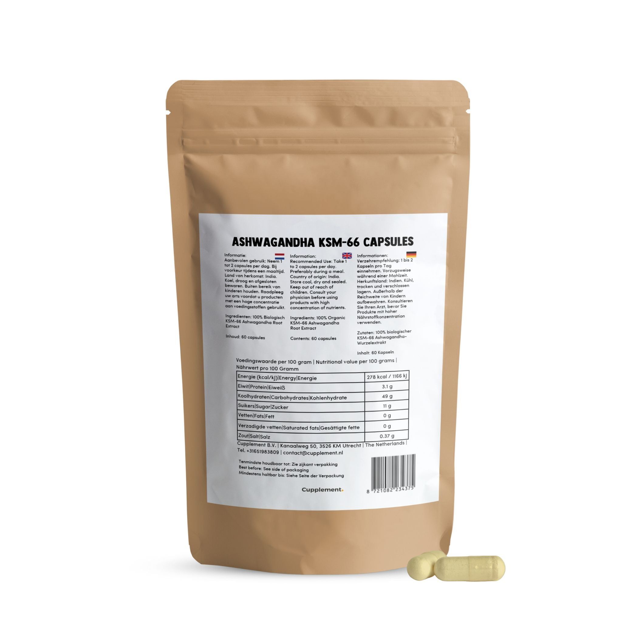 Beige Kapseln neben einer braunen Beutelverpackung. Aufschrift: Ashwagandha KSM-66 Capsules. Enthält 60 Kapseln.