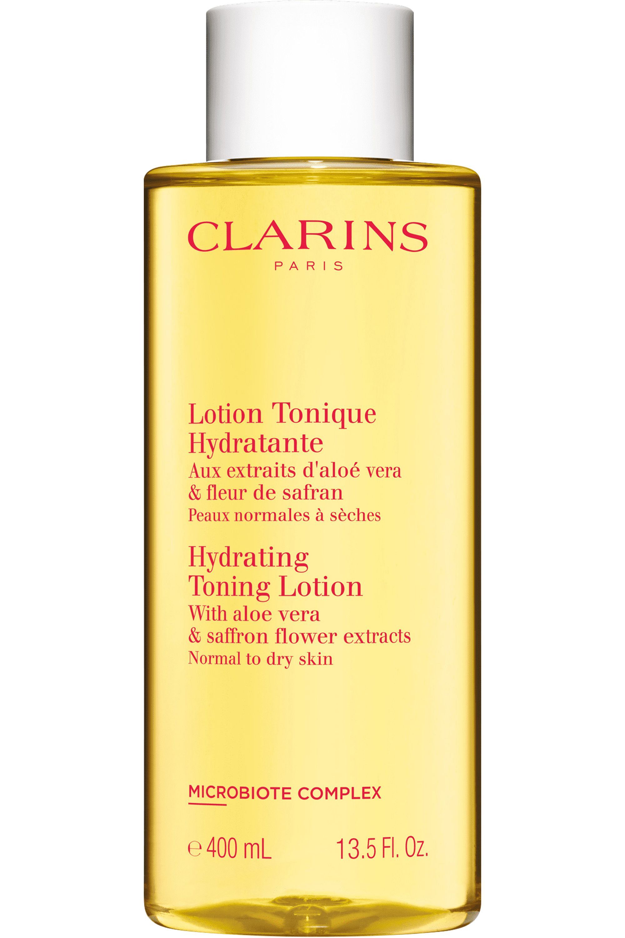 Gelbe Flasche mit weißem Deckel. Aufschrift: Clarins Paris, Lotion Tonique Hydratante, Hydrating Toning Lotion, 400 ml, 13.5 Fl. Oz.