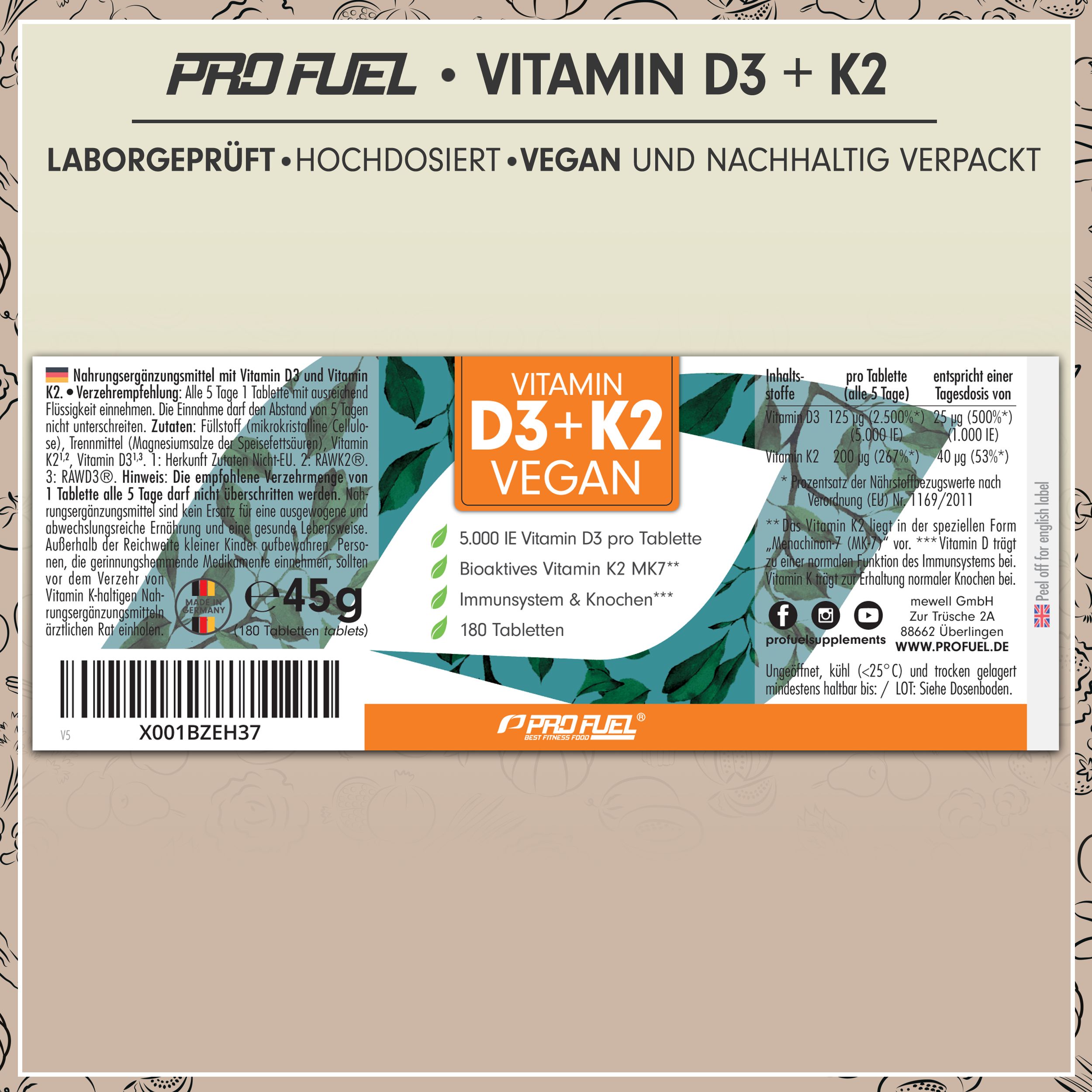 Produktetikett von Vitamin D3+K2 Vegan Tabletten. Enthält Informationen zu Inhaltsstoffen und Dosierung.