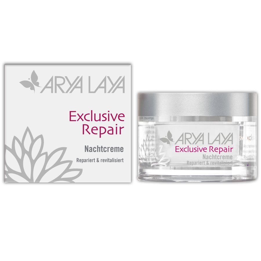 Arya Laya Exclusive Repair Nachtcreme. Creme-Tiegel und Schachtel. Aufschrift: Exclusive Repair, Nachtcreme, repariert & revitalisiert.