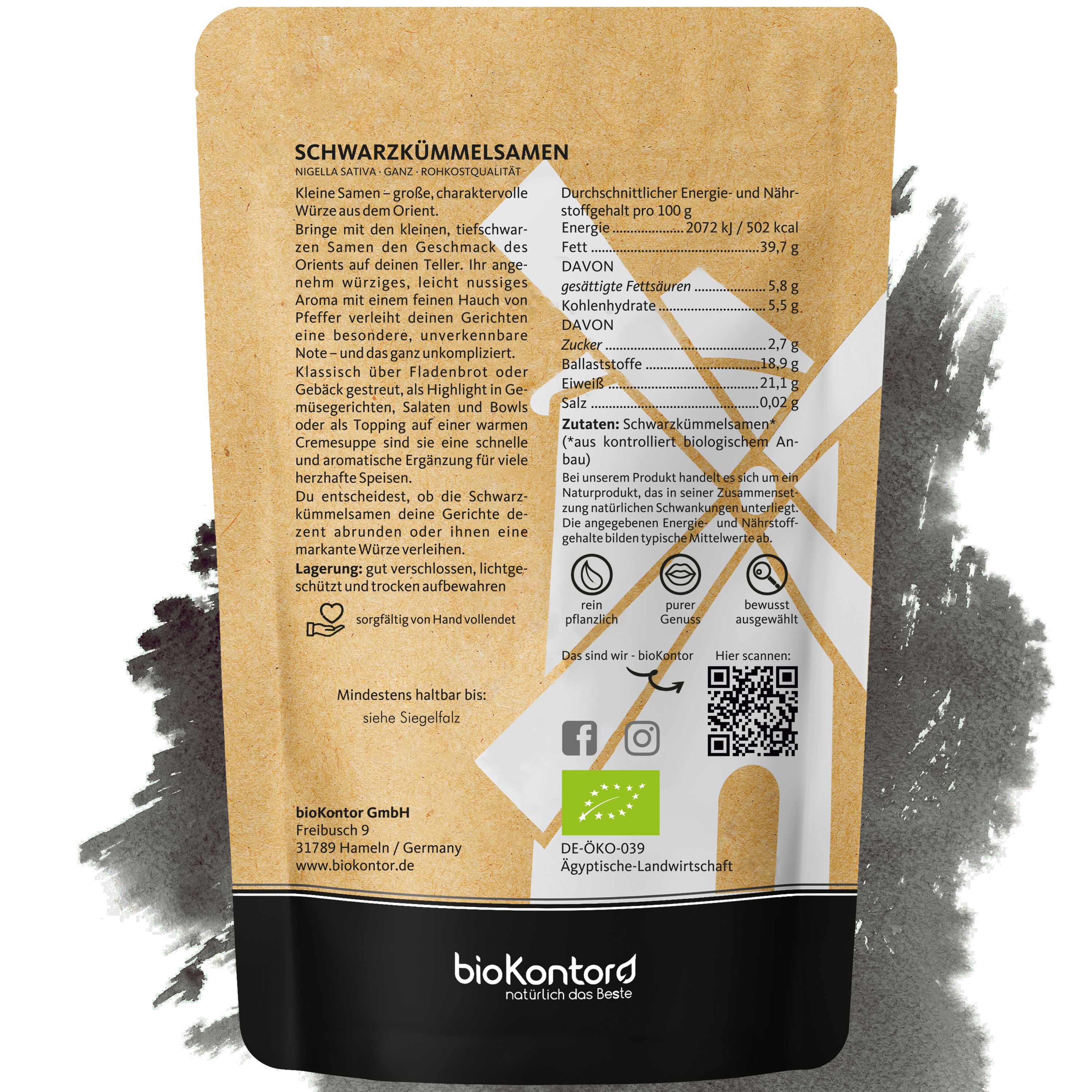 Bio-Körner-Verpackung mit Nährwertangaben und Bio-Siegel.