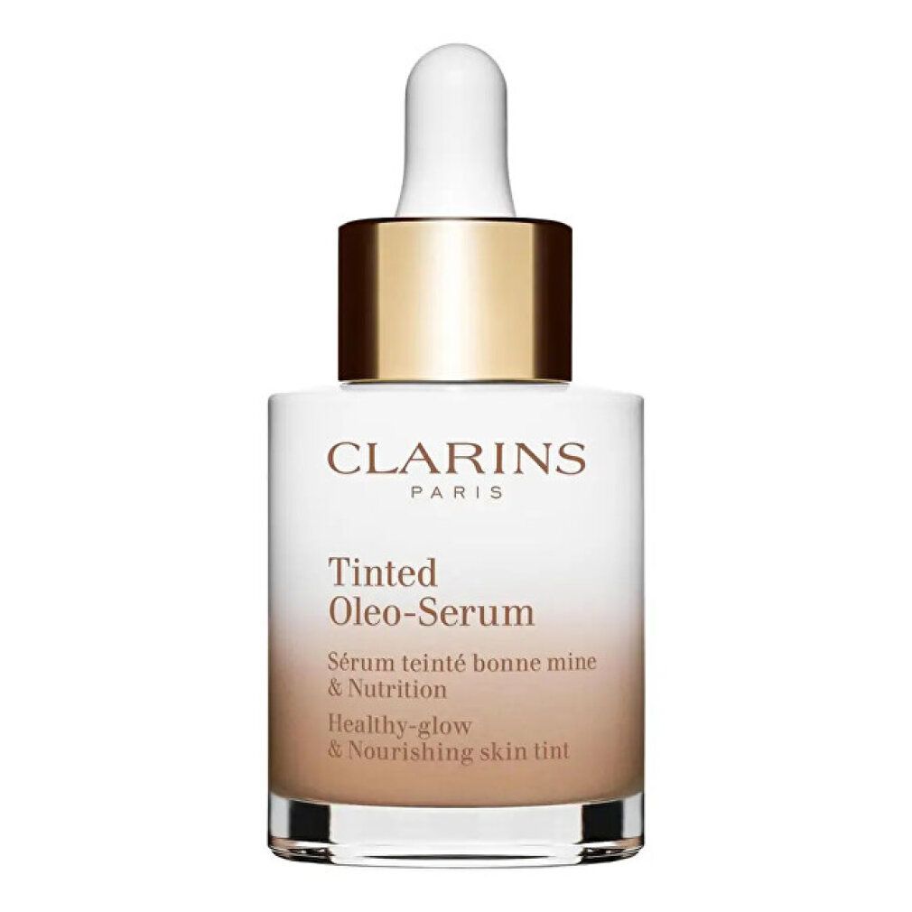 Clarins Tinted Oleo-Serum. Flasche. Text: Healthy-glow & Nourishing skin tint.
