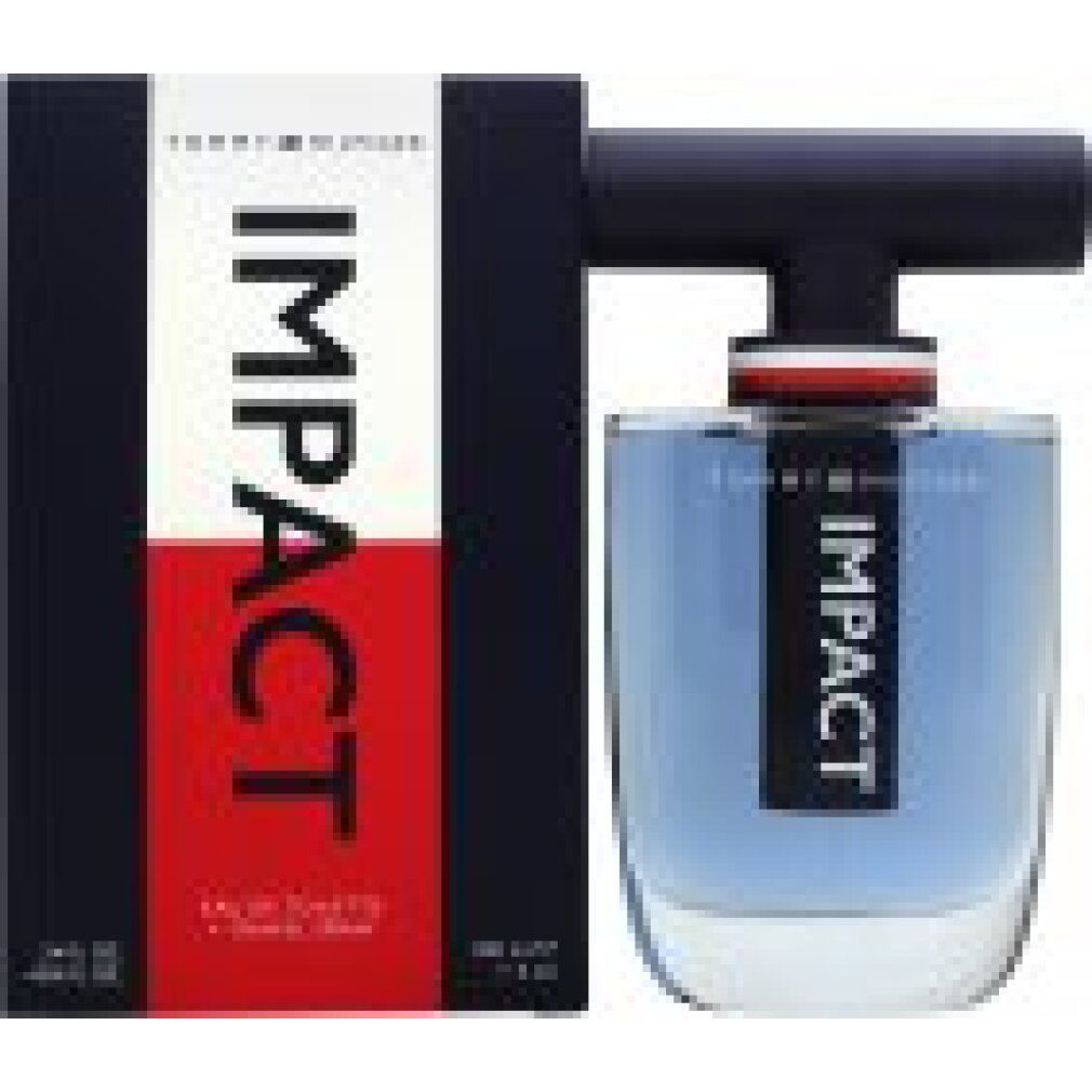 Flakon und Verpackung. Aufschrift IMPACT. Blaues Eau de Toilette. Schwarzer Deckel. Roter und weißer Streifen.