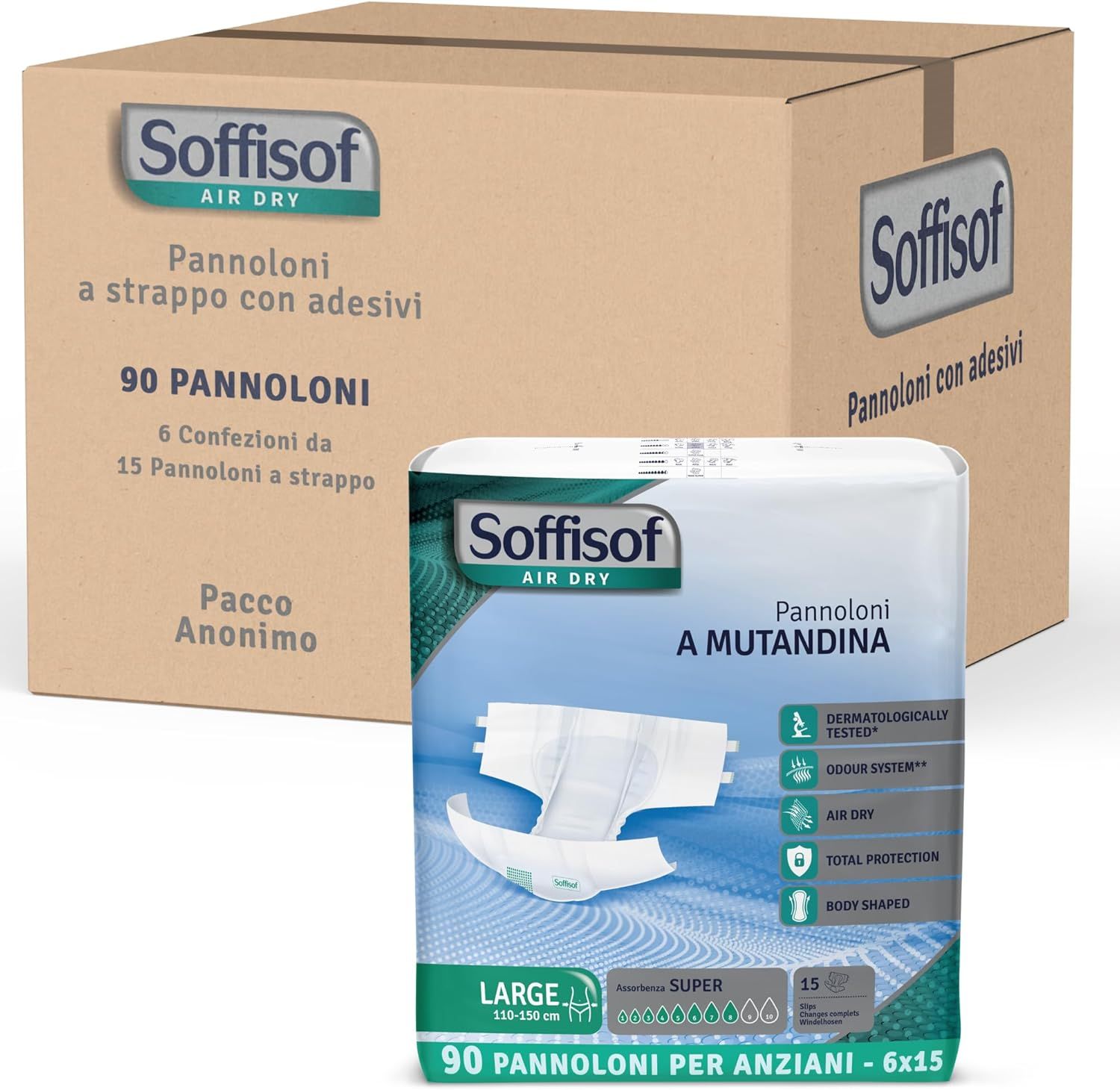 Soffisof Air Dry Windeln-Packung und Karton. 90 Stück. Groß, 110-150 cm. Dermatologisch getestet. Geruchssystem. Air Dry. Total Protection. Körpergerecht.