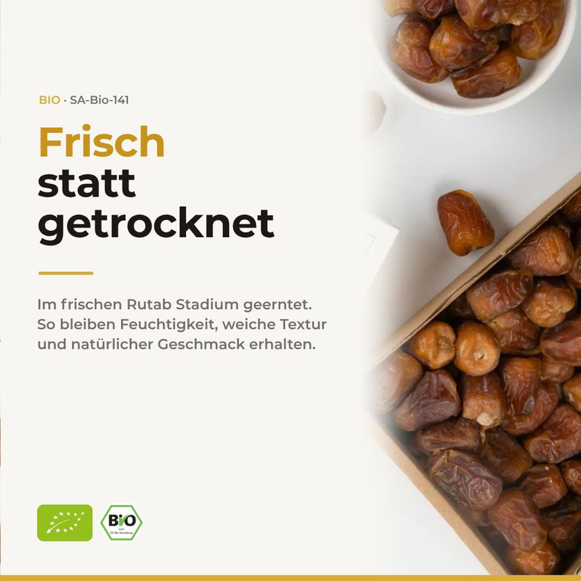 SUNNAFRUCHT® BIO Rutab Sukkari Datteln im frischen Stadium geerntet, weiche Textur.