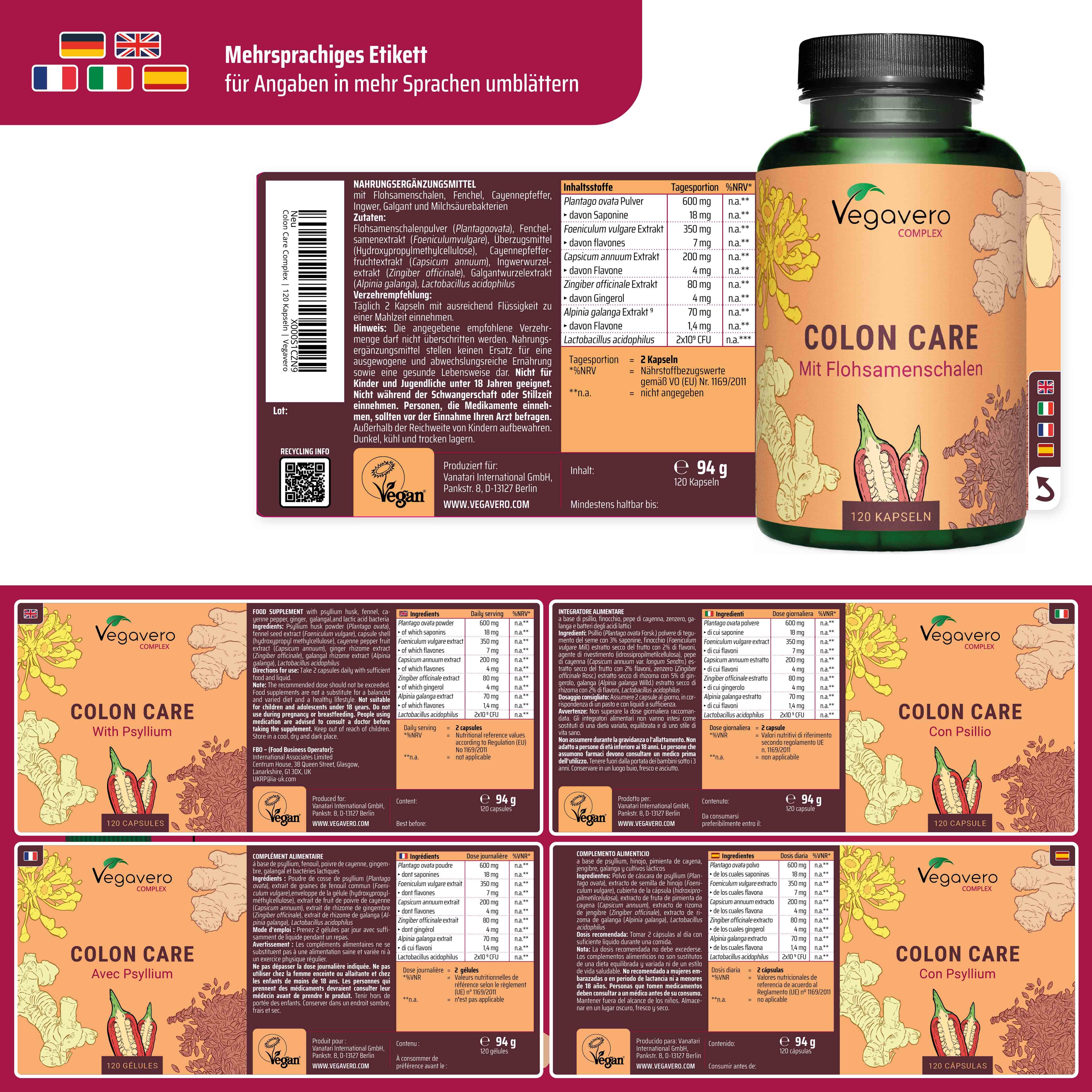 Produktverpackung mit Dose und Etiketten in verschiedenen Sprachen. Aufschrift: Vegavaro, Colon Care, 120 Kapseln.
