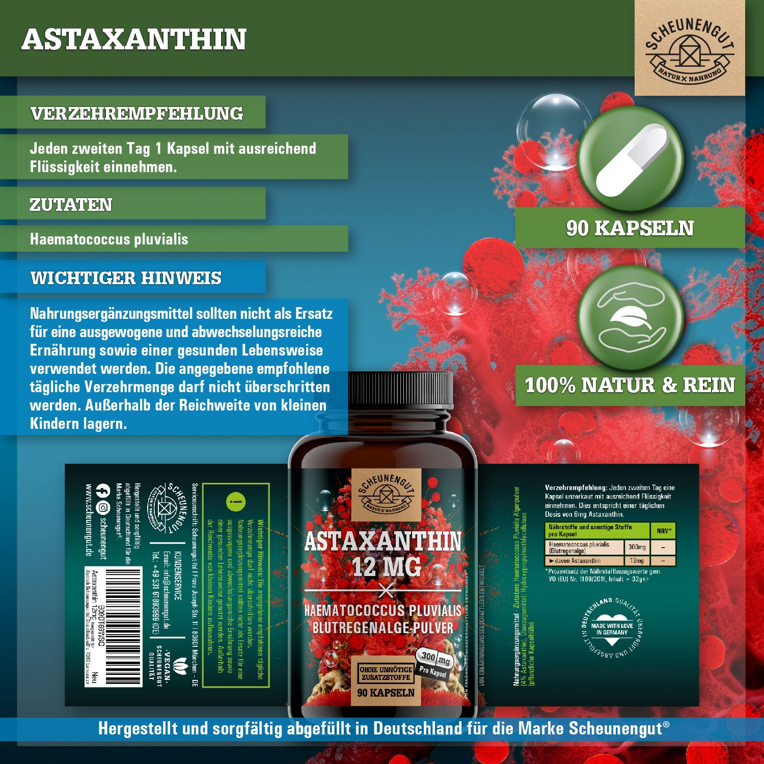 Scheunengut® Astaxanthin 12mg | 100% vegan | Antioxidans aus Blutregenalge Haematococcus Pluvialis