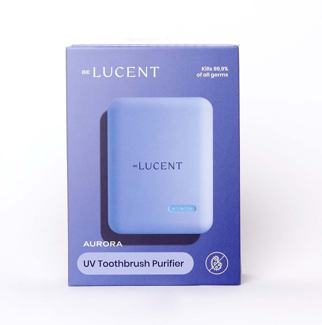 Verpackung für ein Zahnbürstenetui. Auf der Verpackung steht "BE LUCENT", "AURORA" und "UV Toothbrush Purifier".