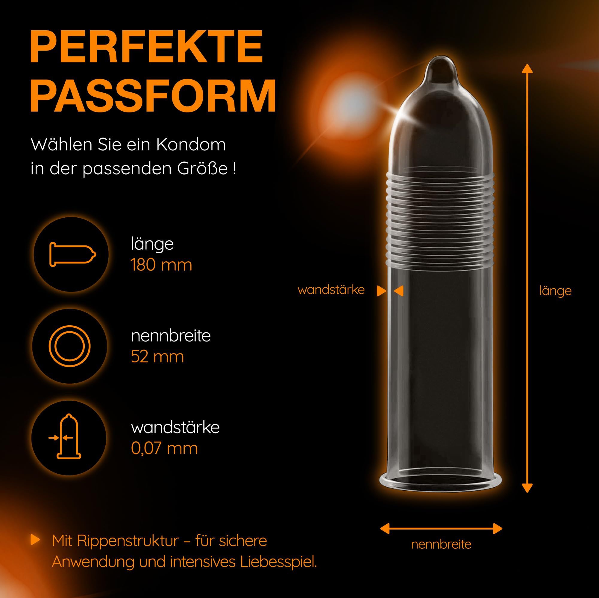 Vitalis Kondom: Länge 180 mm, Nennbreite 52 mm, Wandstärke 0,07 mm, gerippte Struktur.