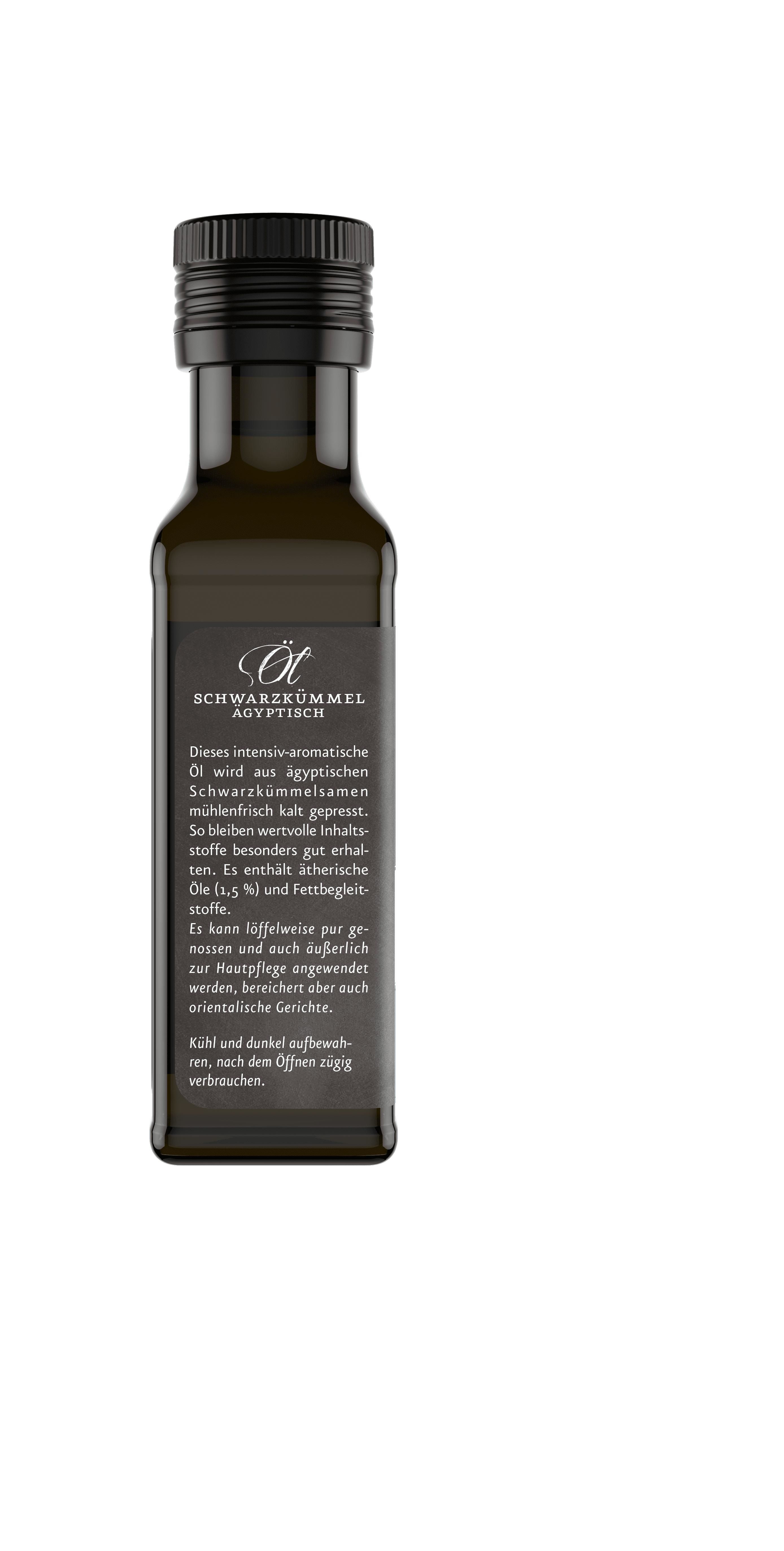 Braune Glasflasche mit schwarzem Deckel. Etikett mit Text: Schwarzkümmel ägyptisch. Logo Ölmühle Solling. Text über Inhaltsstoffe.