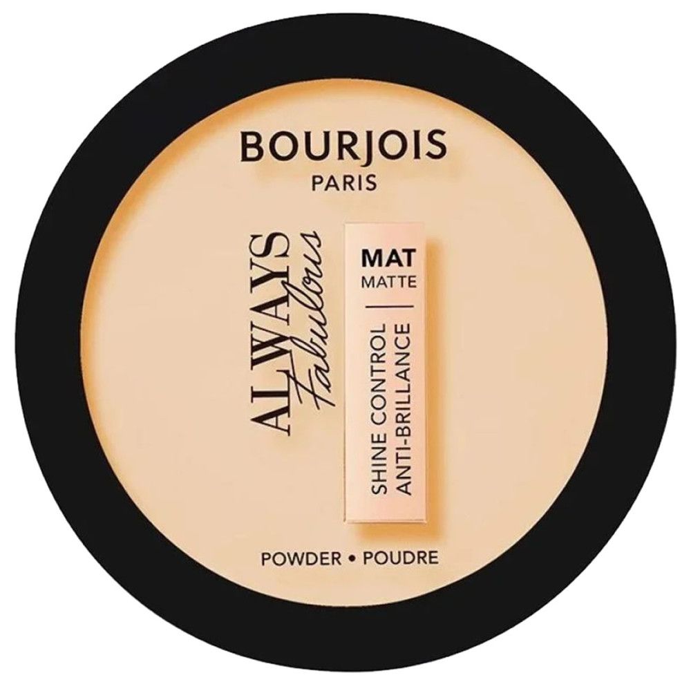 Kompaktpuder mit schwarzem Rand. Schriftzug Bourjois Paris. Text Always Fabulous.