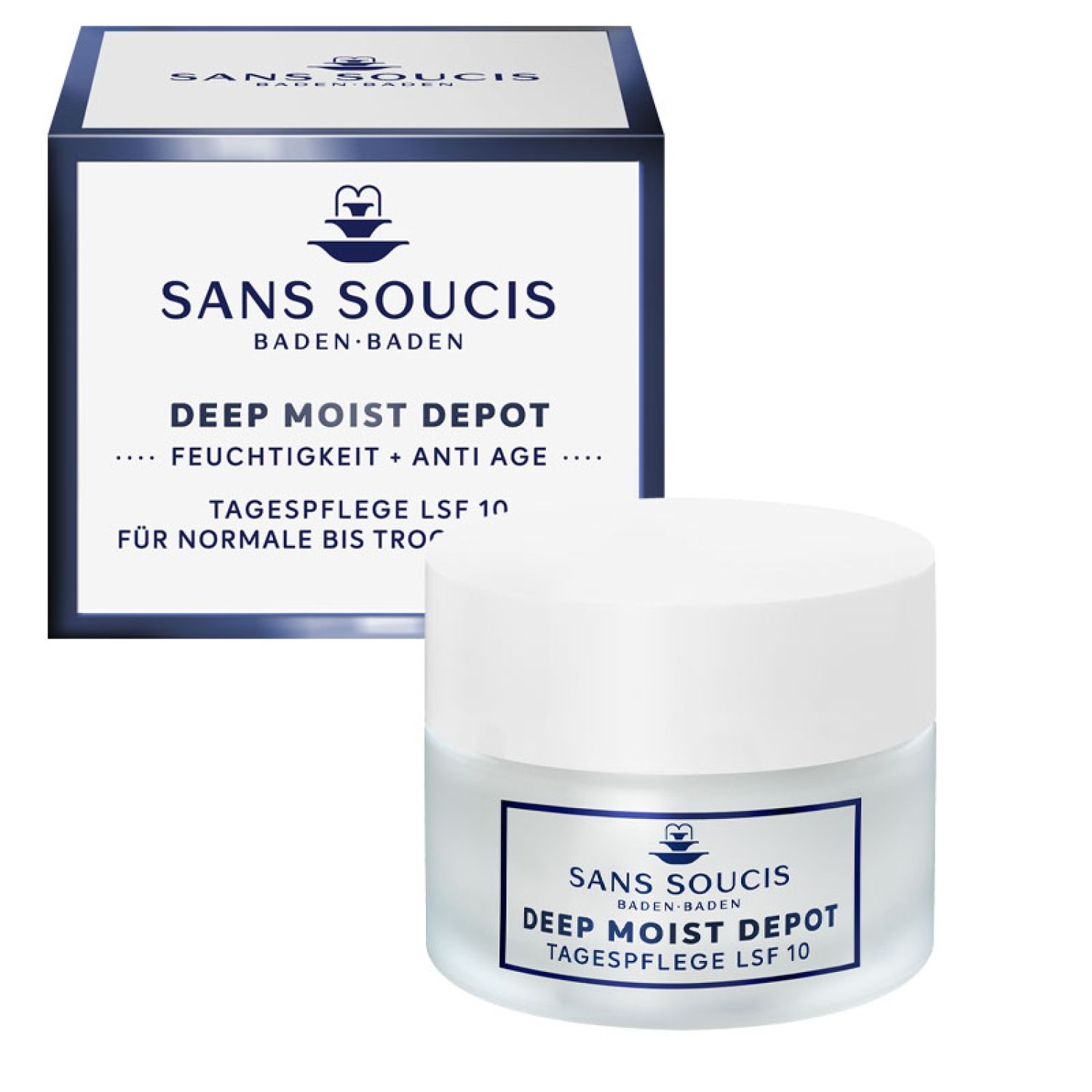 Creme-Tiegel und Karton. Aufschrift: Sans Soucis, Deep Moist Depot Tagespflege LSF 10. Für normale bis trockene Haut.