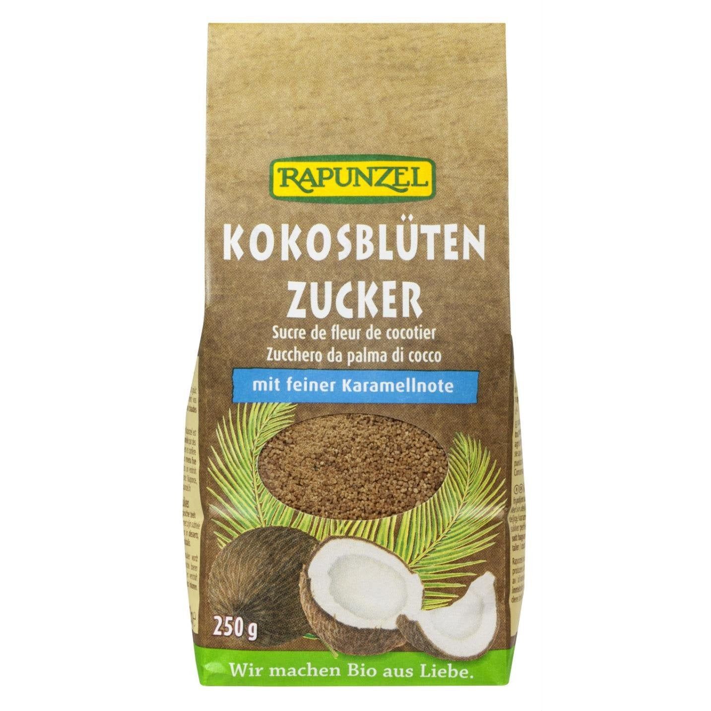 Rapunzel Kokosblütenzucker 250g Packung, Frontansicht mit Kokosnuss-Motiv.