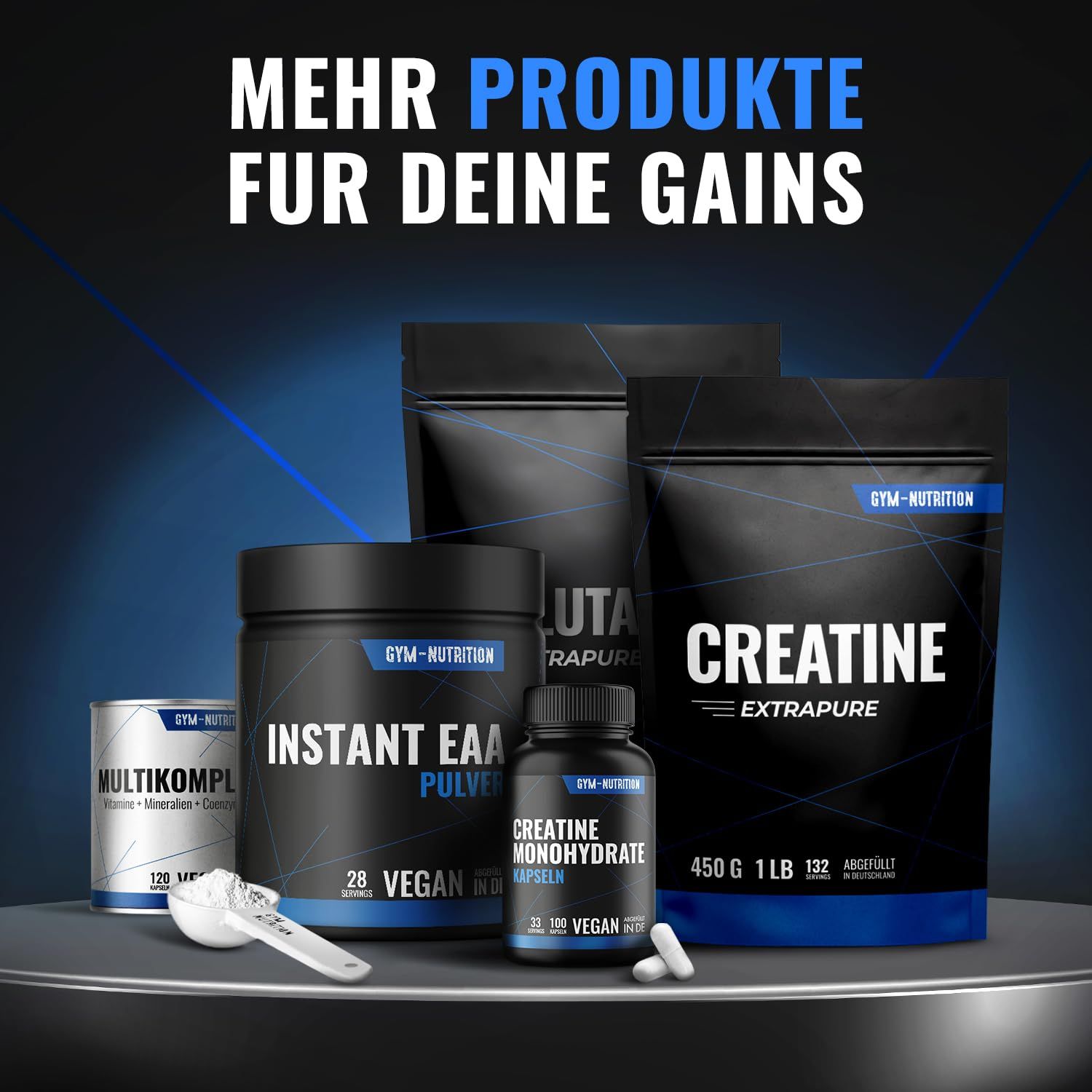 Mehrere Gym-Nutrition Produkte. Dose mit CREATINE EXTRAPURE, Beutel mit Instant EAA Pulver, Kapseln und Messlöffel.