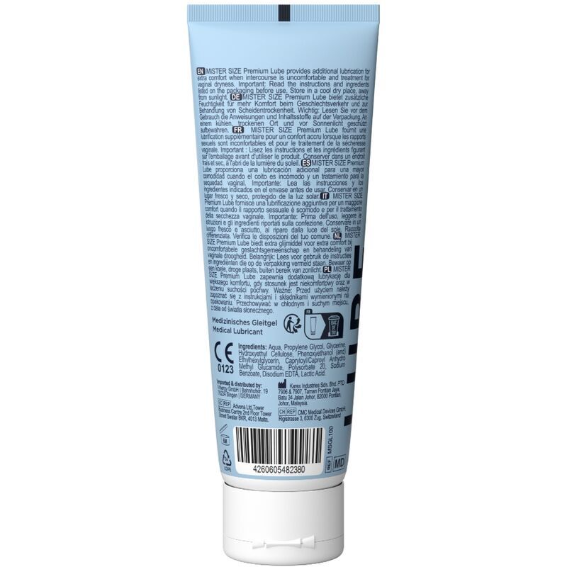 Rückseite einer hellblauen Tube mit Text. Inhaltsstoffe, Gebrauchsanweisung, CE-Kennzeichnung, Barcode.