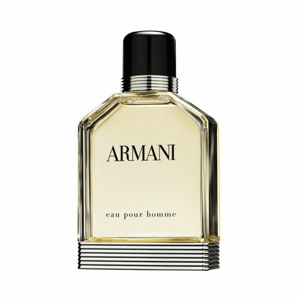 Giorgio Armani Eau pour Homme. Eckige Glasflasche mit schwarzem Verschluss. Silberne und schwarze Streifen am Boden. Schriftzug Armani und eau pour homme.