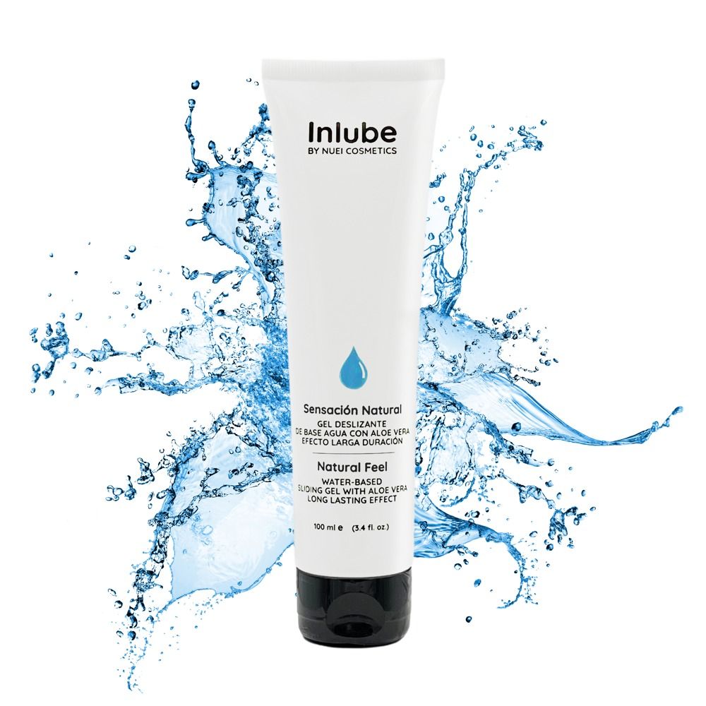 Weißes Gel in Tube mit schwarzem Verschluss, umgeben von Wasserspritzern. Text: Inlube, Sensación Natural, Natural Feel.