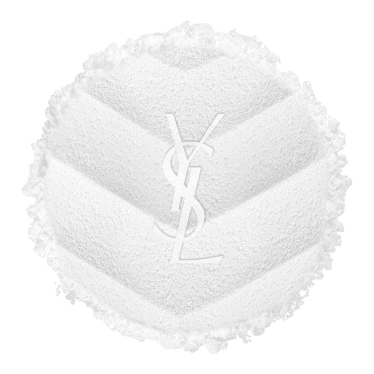 Weißes Puderquaste mit YSL-Logo. Gestepptes Muster. Runde Form.
